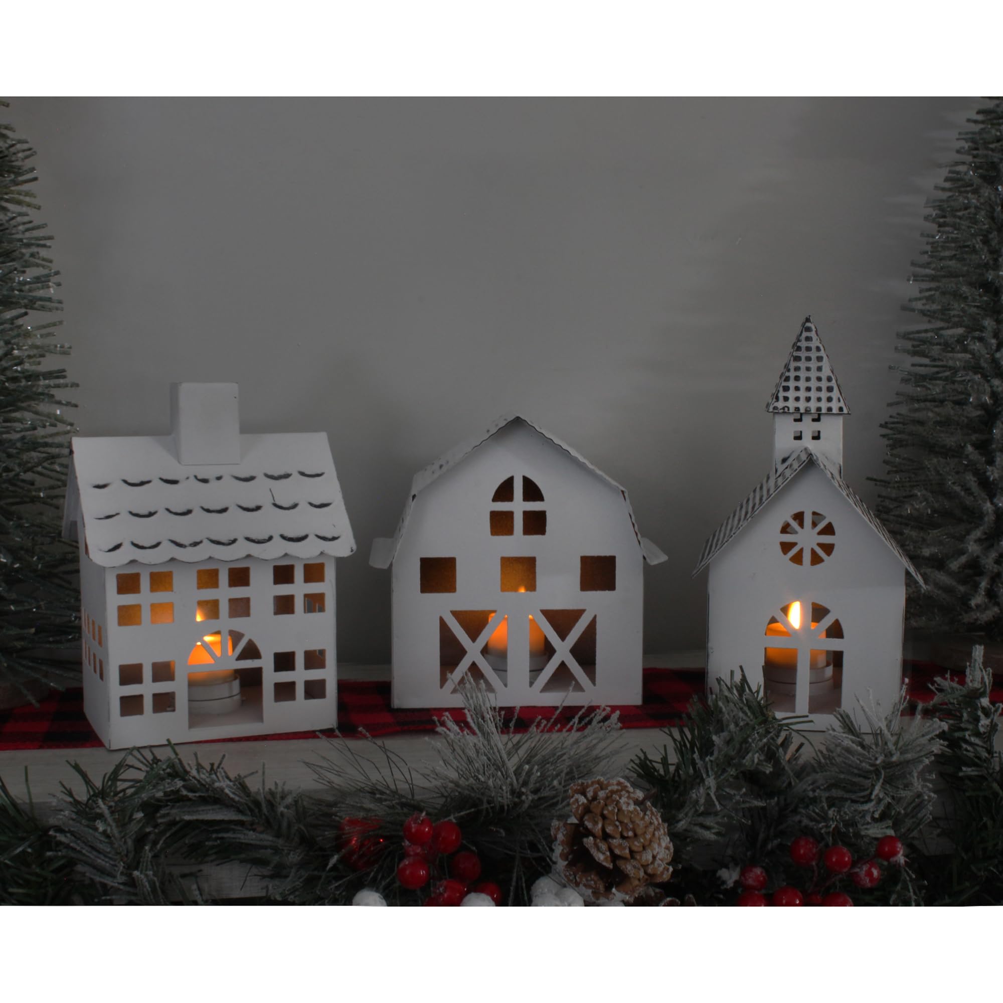 AuldHome Design Farmhouse Christmas Village Collection #2 w/Church, Barn and School (Set of 3, White); Candle Lantern Decorative