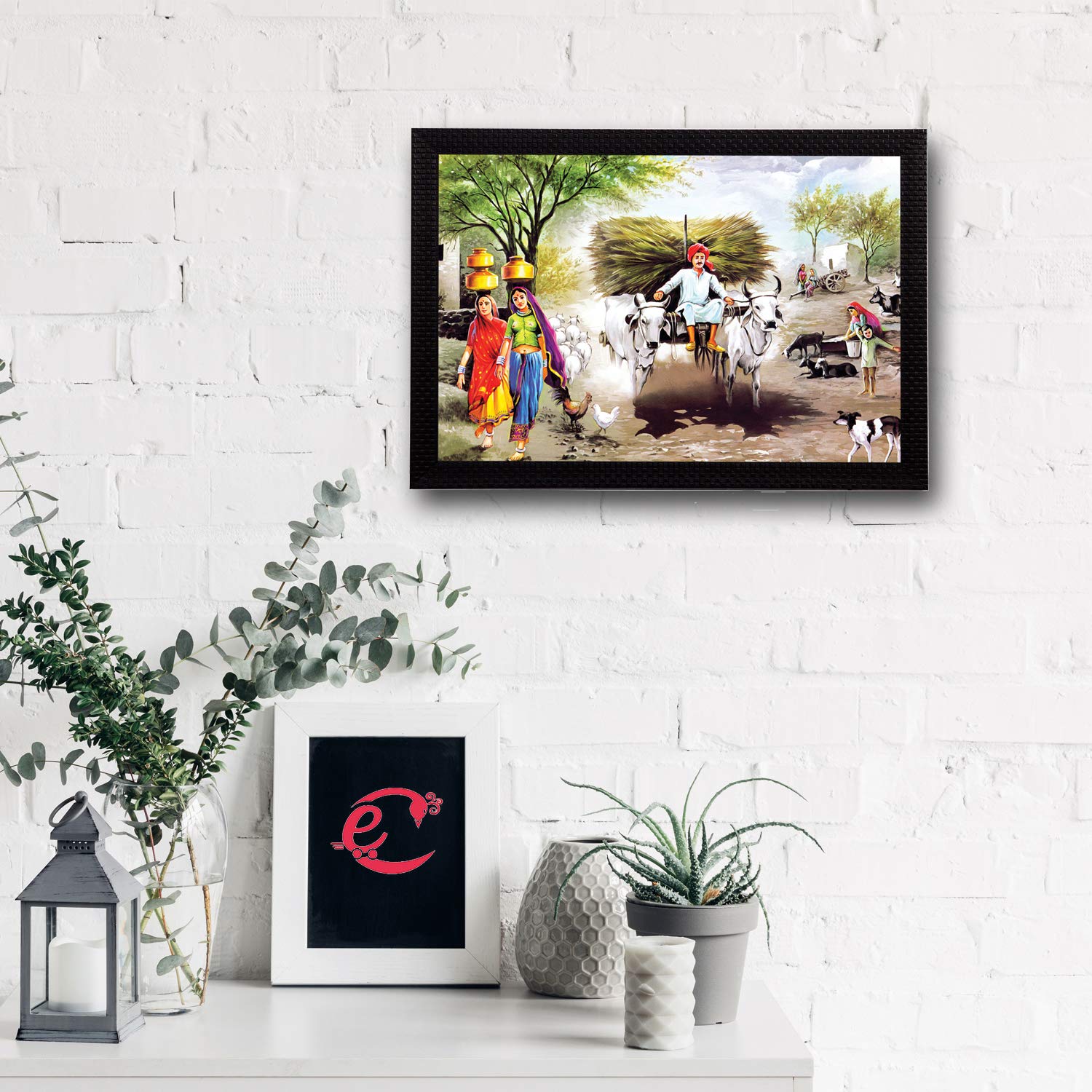 eCraftIndia Village Scenic View Satin Matt Texture UV Art Painting (Synthetic Wood, 50.8 cm x 35.56 cm)