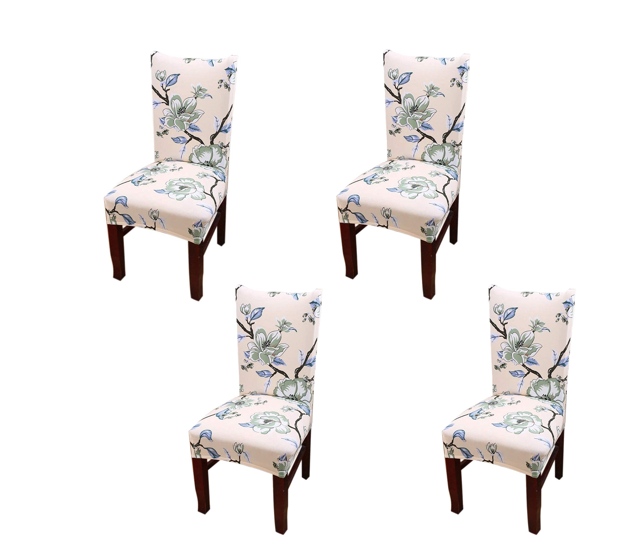 House Of Quirk Polyester Removable & Washable Floral Short Dining Chair Cover (Beige & Green, Pack Of 4, 17.7-25 X 15.7-19.7 X 1