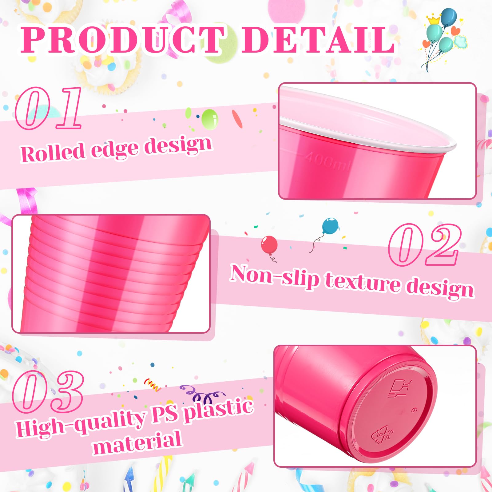 Afarnook 150 Pcs 12oz Plastic Cups Bulk Pink Disposable Party Cups Supplies for Birthday Wedding Graduation Halloween Thanksgivi