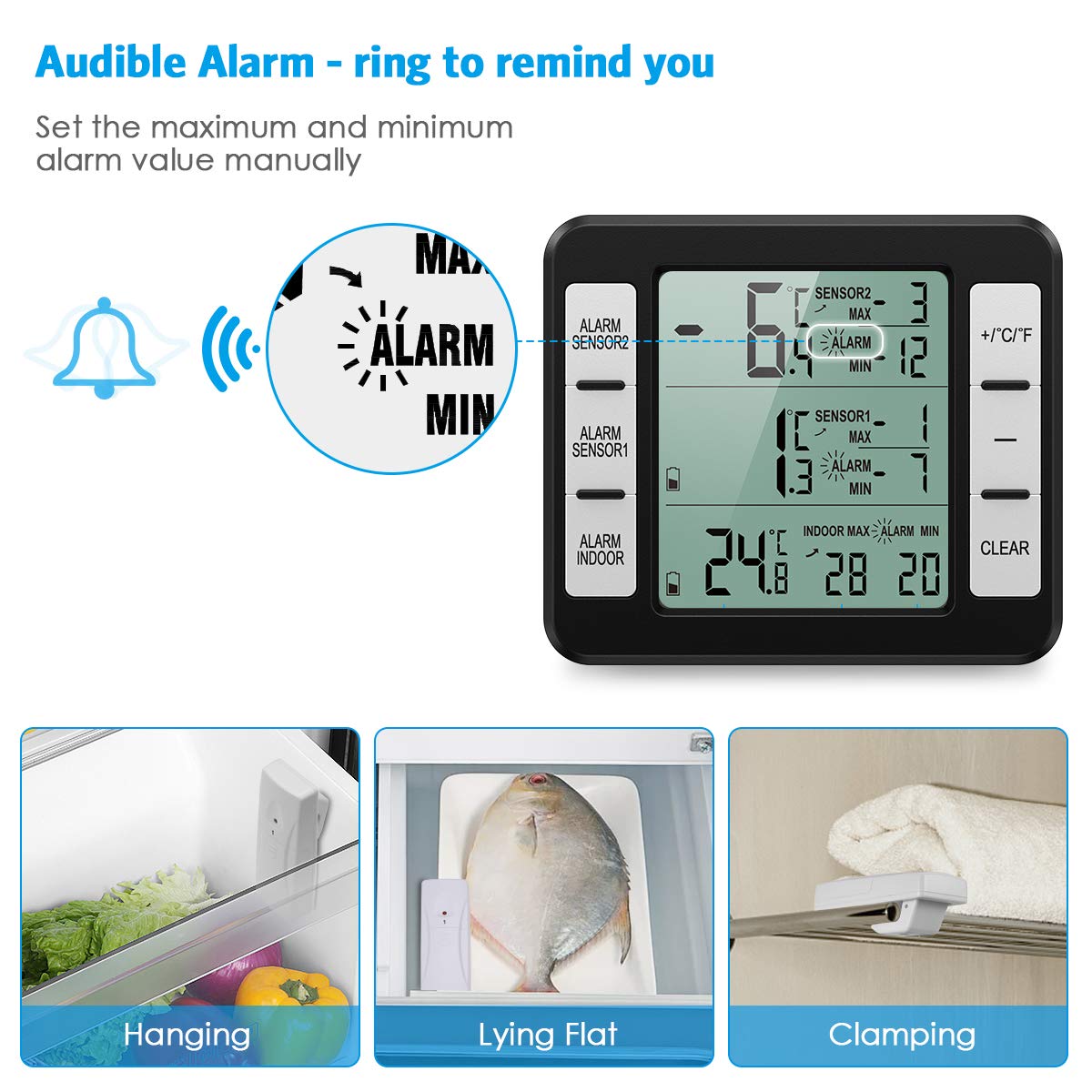 (New Version) Amir Refrigerator Thermometer, Wireless Indoor Outdoor Thermometer, Sensor Temperature Monitor With Audible Alarm