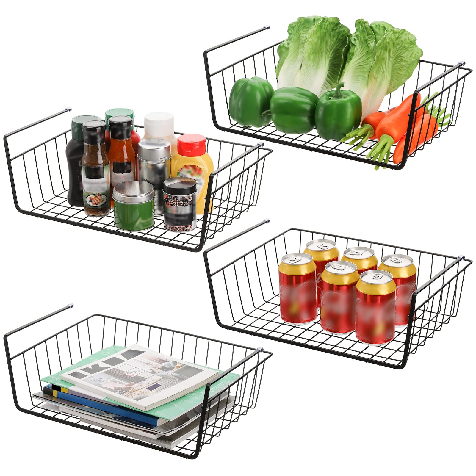 Tebery 4 Pack Black Under Shelf Wire Basket, Hanging Storage Baskets Under Cabinet Add-On Storage Racks, Slide-In Baskets Organi