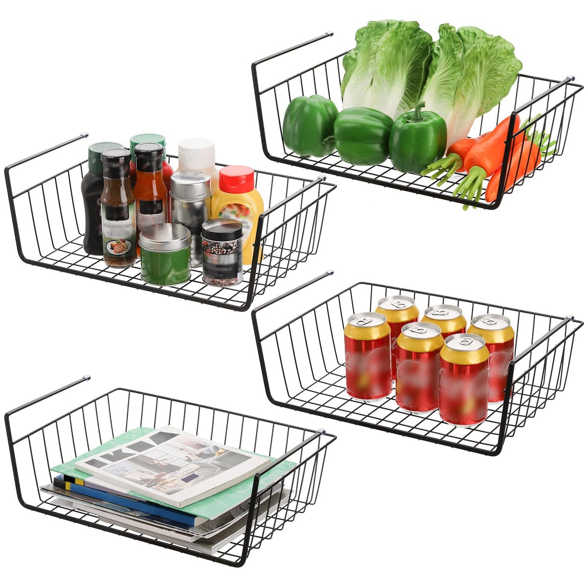 Tebery 4 Pack Black Under Shelf Wire Basket, Hanging Storage Baskets Under Cabinet Add-On Storage Racks, Slide-In Baskets Organi