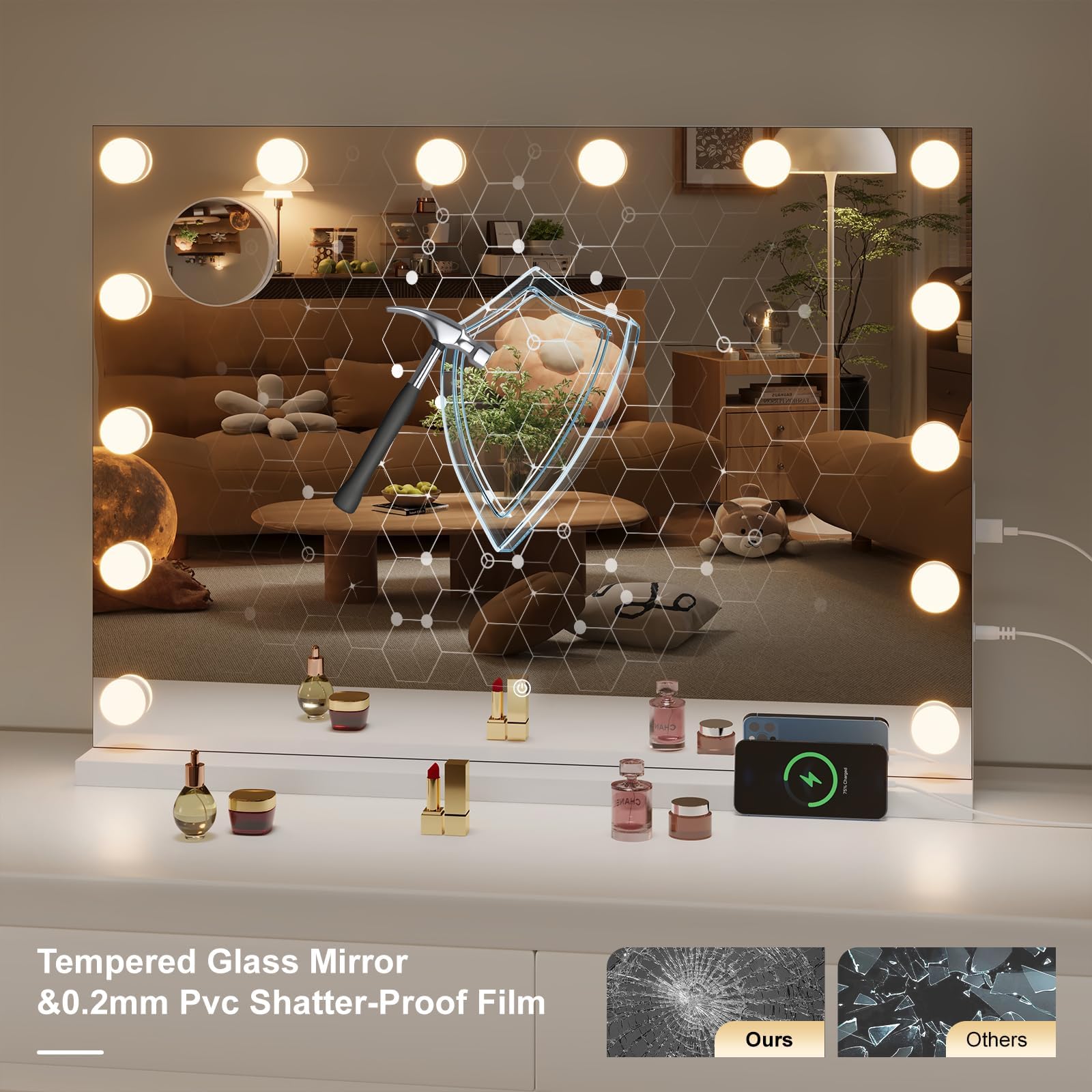 Hasipu Hollywood Vanity Mirror With Lights, 47'' X 35'' Makeup Mirror With 24 Dimmable Led Bulbs 3 Color Modes & Detachable, 5X
