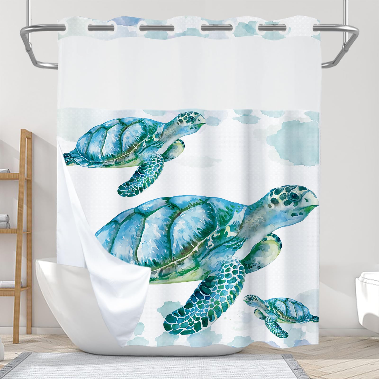 Final Friday Beach Nautical Sea Turtle Theme No Hook Waffle Weave Shower Curtain With Snap In Liner Nautical Beach Bathroom Blue
