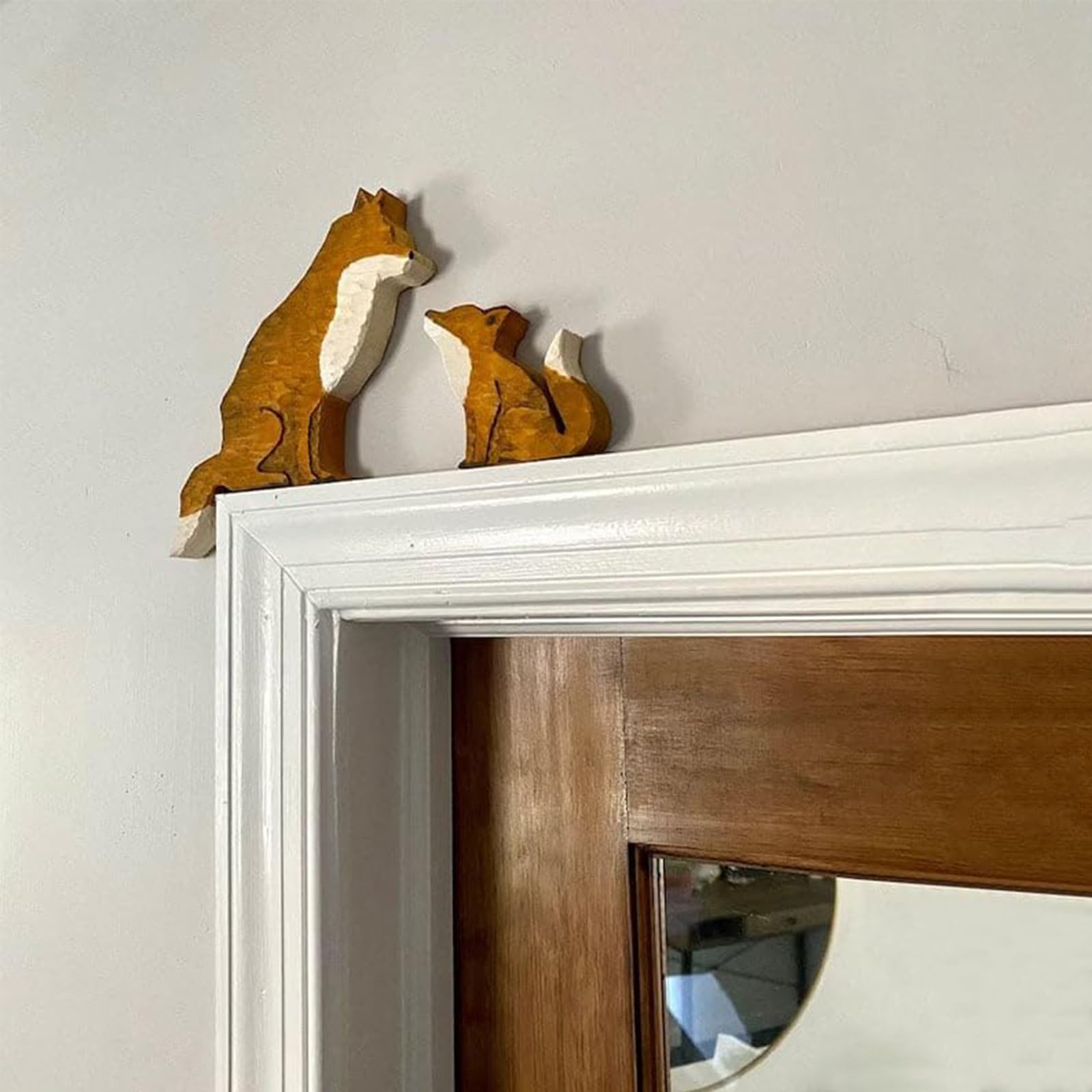 Mama And Baby Fox Door Topper Adorable Fox Shape Statue Door Corner Sculpture For Handcrafted Wood Decor Sign, Creative Wooden A