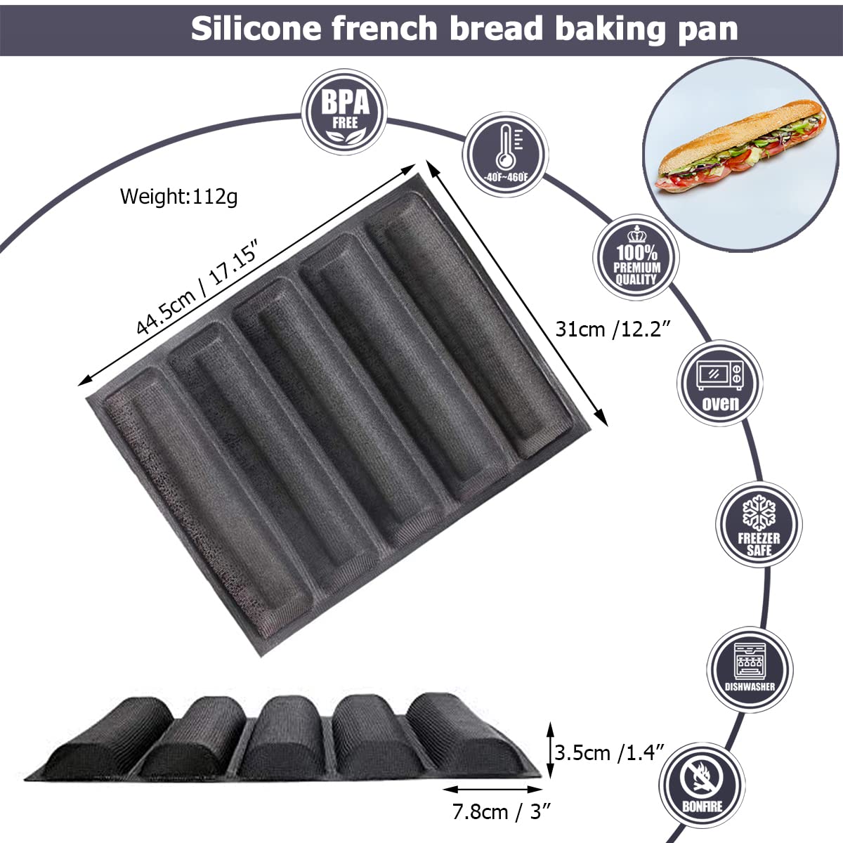 Masteymoh 5-Cavity French Bread Baking Pan, Hoagie Rolls Pan, Soft Foldable For Easy Storage, Non-Stick, Bpa-Free, 17.2'' X 12.2