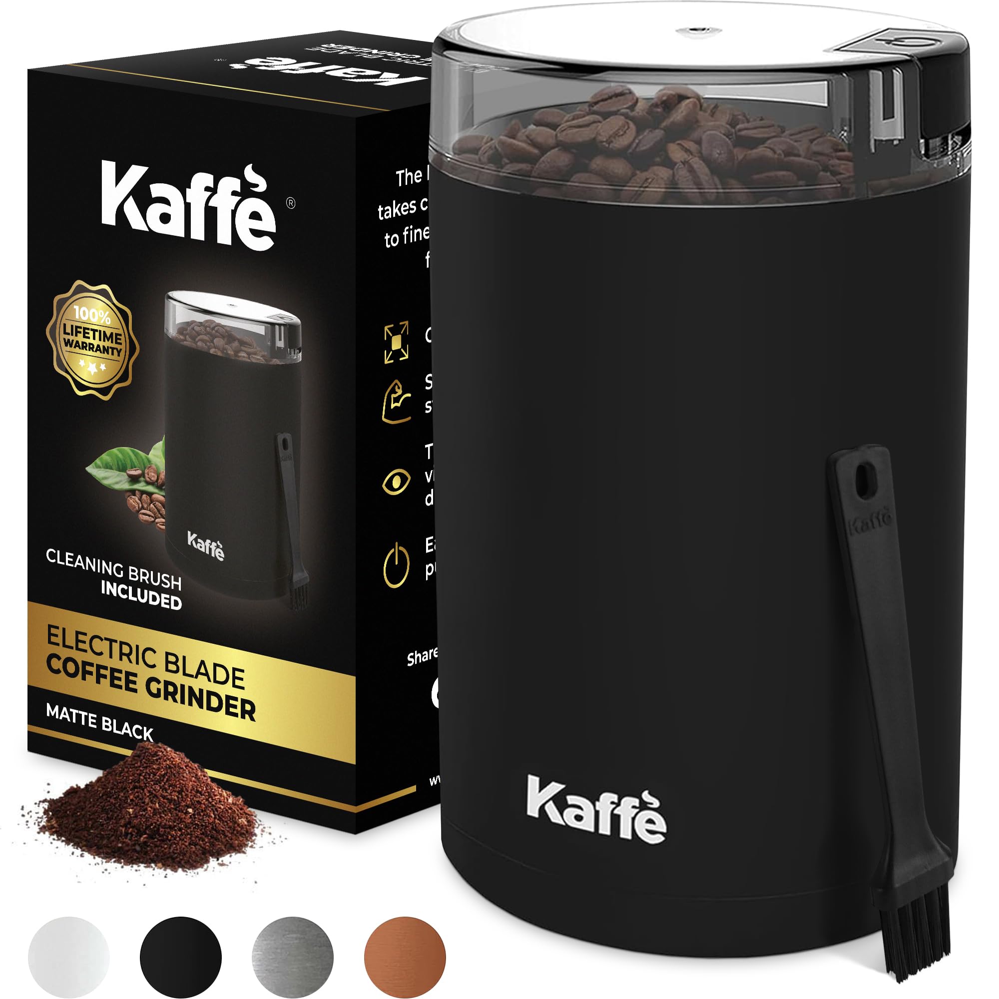 Kaffe Coffee Grinder Electric - Spice Grinder w/Cleaning Brush  Easy On/Off - Perfect for Espresso  Herbs  Spices  Nuts  Grain - 3.5oz / 14 Cup. Matte Black