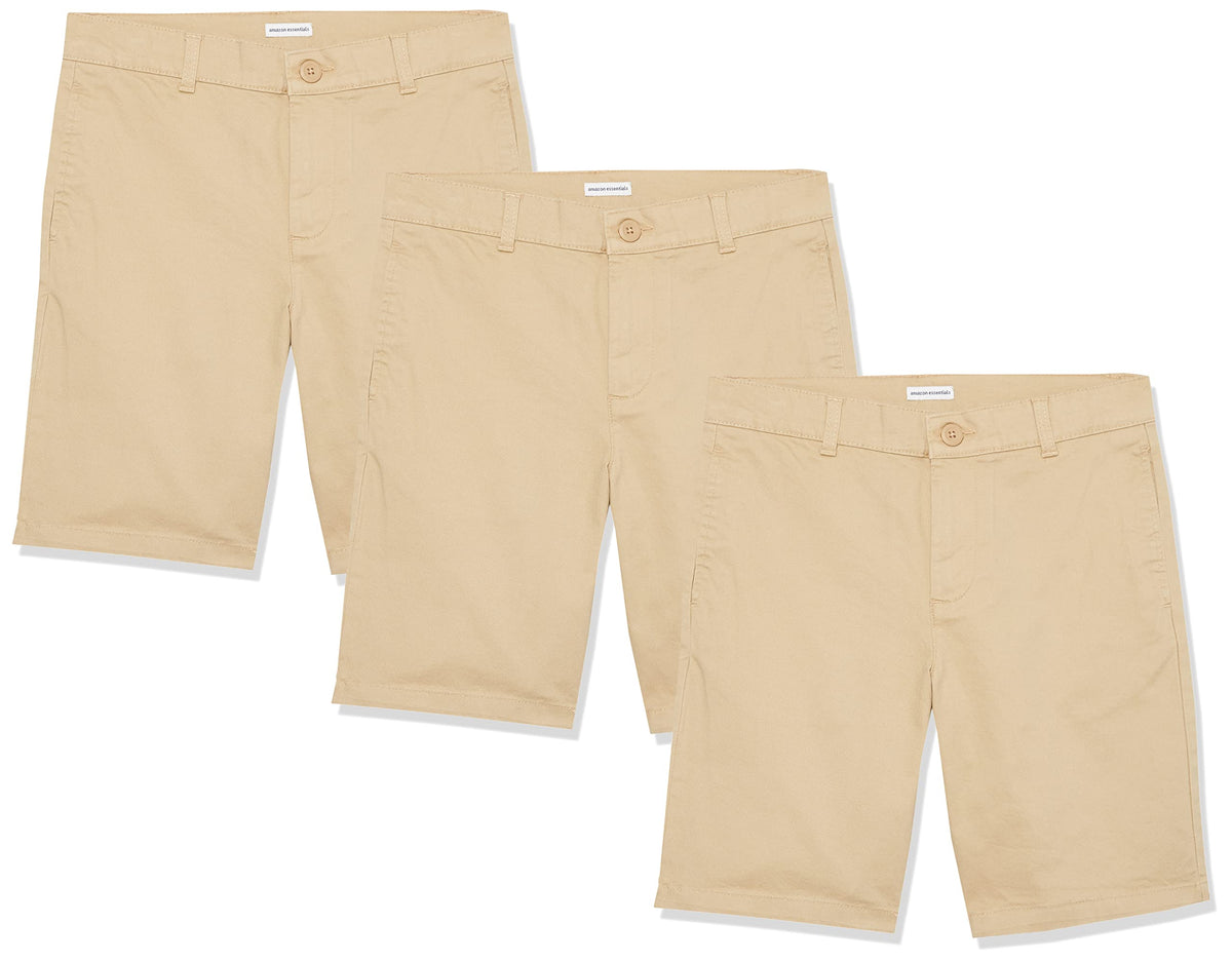 Amazon Essentials Boys Uniform Woven Flat-Front Shorts, Pack Of 3, Khaki Brown, 6 Plus