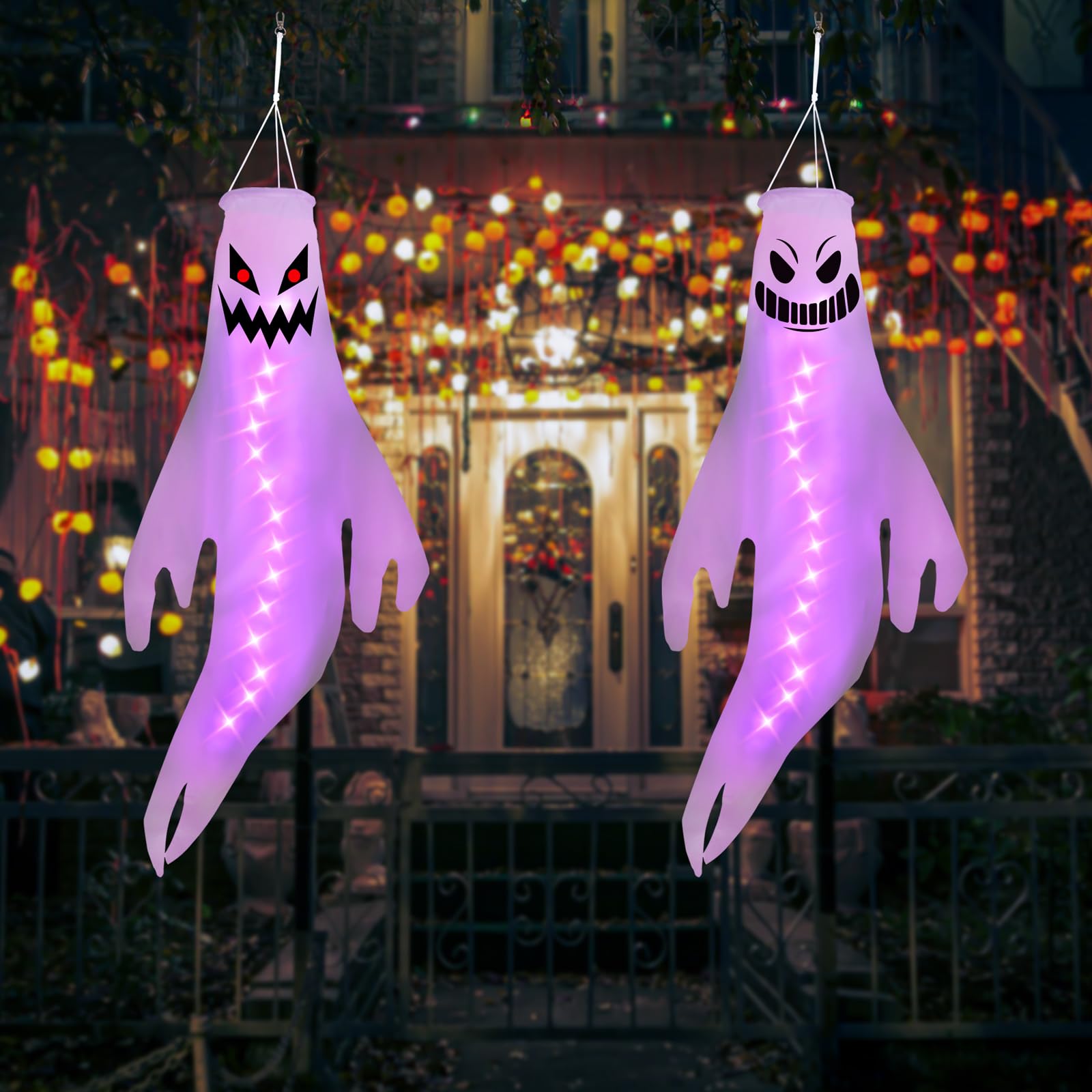 Geefuun 2PCS Purple Halloween Fierce Ghost Windsocks Hanging Decorations -43 Inch Flag Wind Socks for Home Yard Outdoor Decor Pa