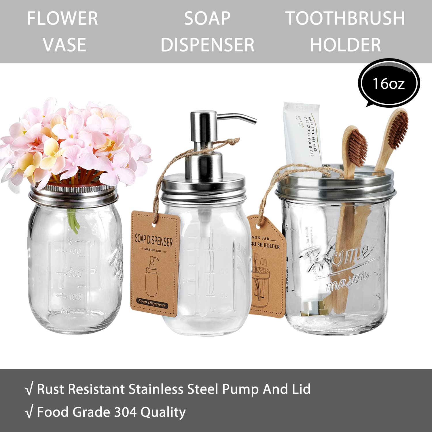 Mason Jar Bathroom Accessories Set 8 Pcs-Lotion Soap Dispenser,Toothbrush Holder,2 Apothecary Jars, Flower Vase,Soap Holder,Vani