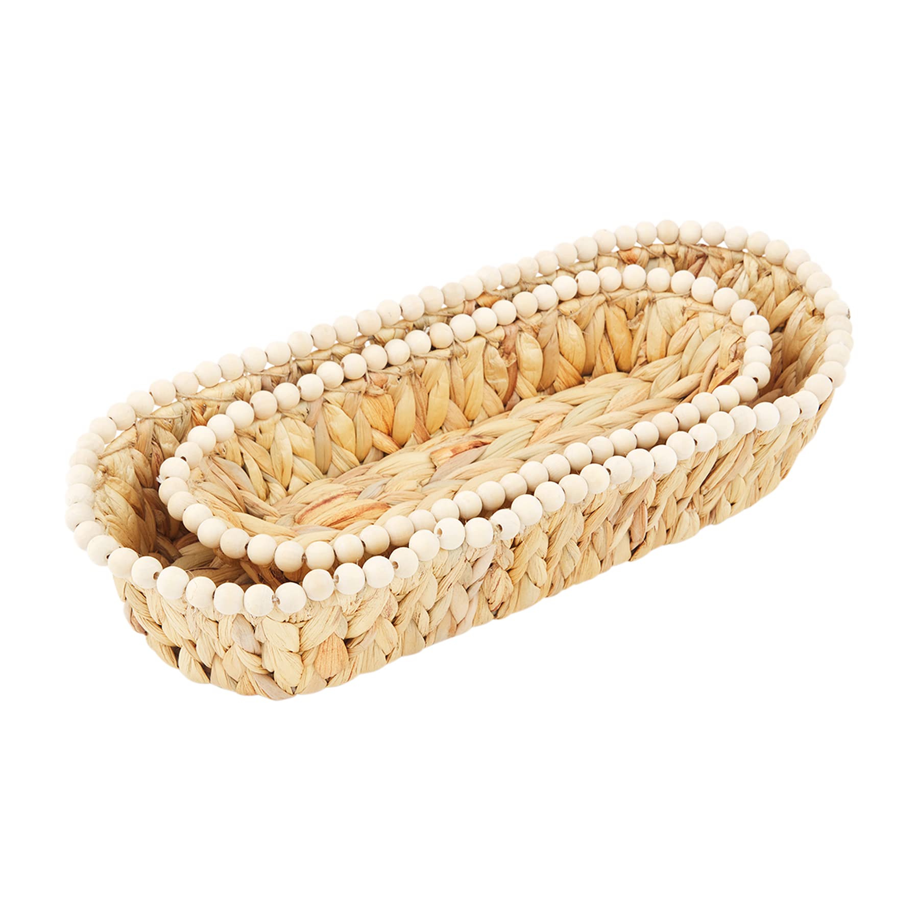 Mud Pie Beaded Hyacinth Nested Basket Set, Beaded, Small 5'' X 12 1/2'' | Large 6 1/2'' X 16 1/2''