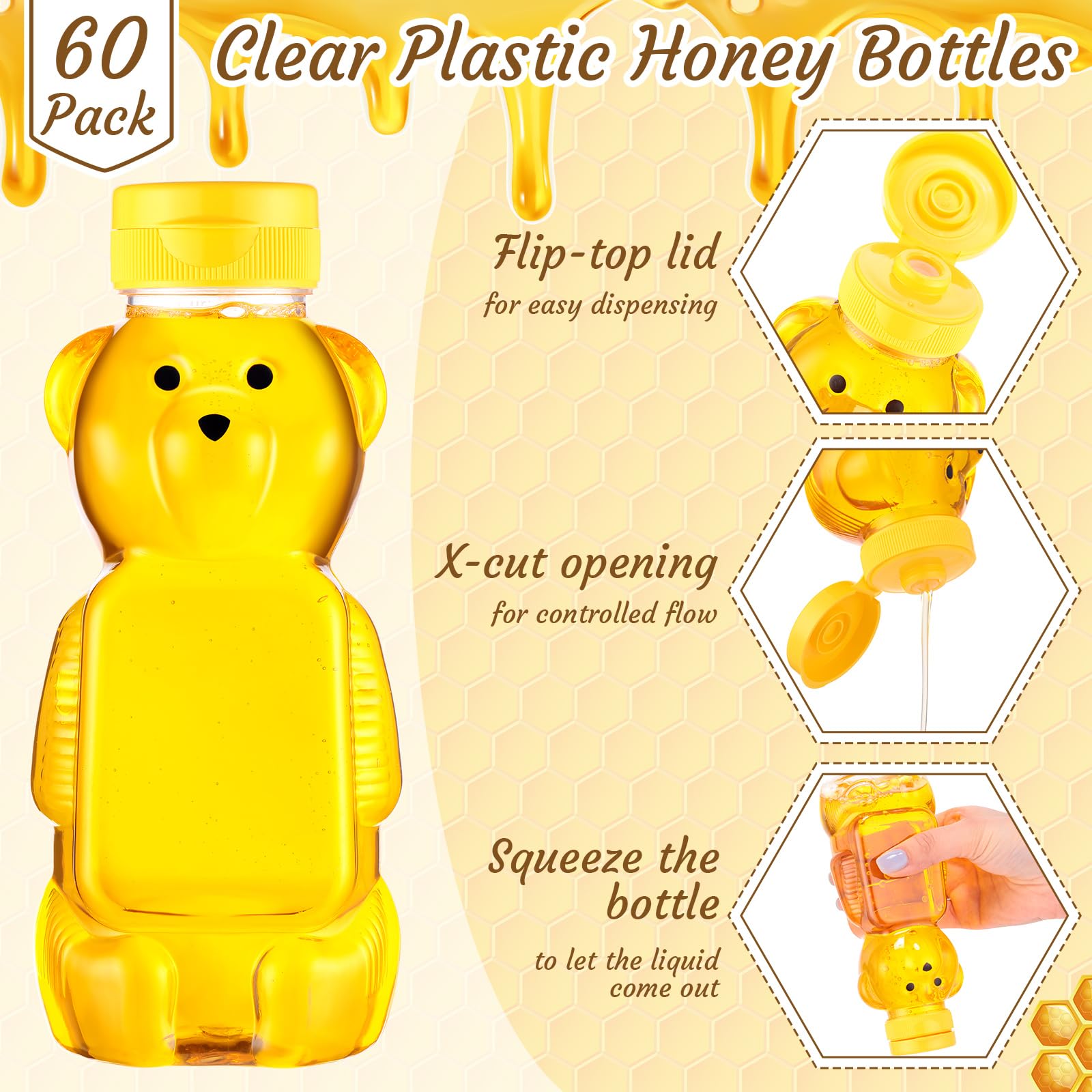 Thenshop 60 Pcs Plastic Bear Honey Bottle Jars Bulk 12 Oz Honey Squeeze Bottle Empty With Flip Top Lid Containers Honey Bear Bea