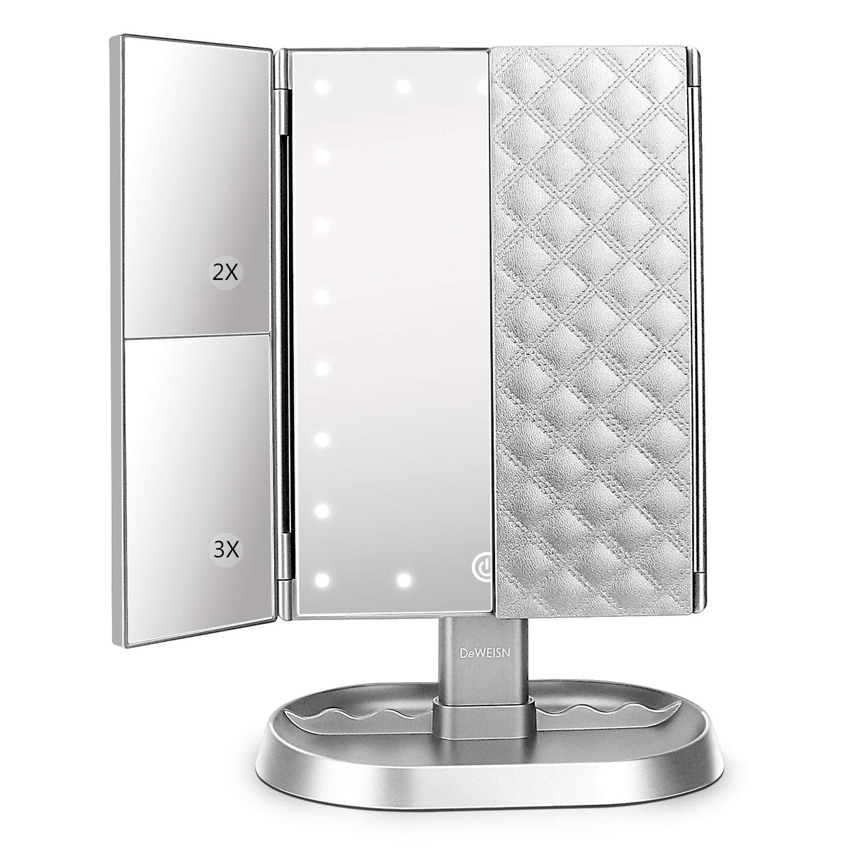 Deweisn Trifold Lighted Vanity Makeup Mirror With 21 Led Lights,1/2/3 Magnification And Dimming,Two Power Supplies Makeup Mirror