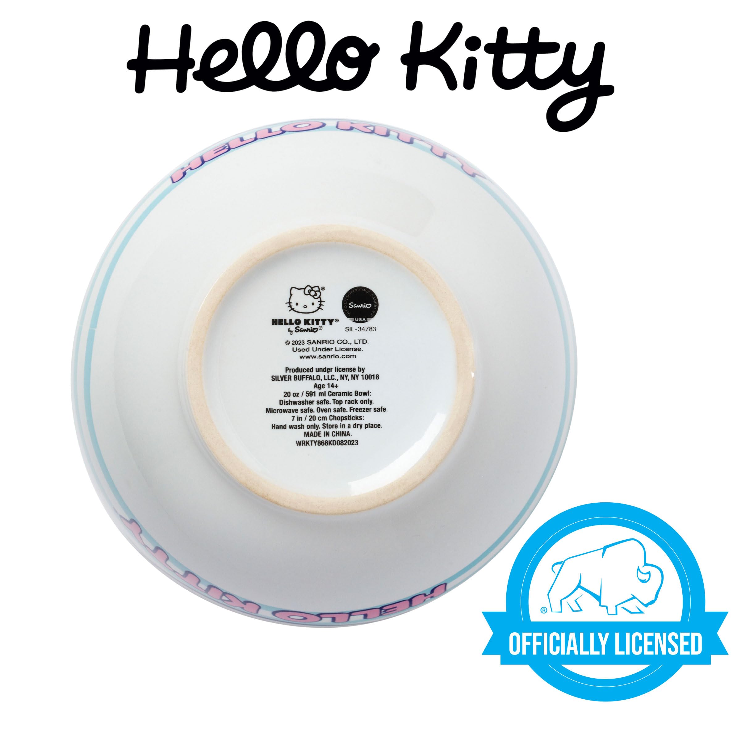 Silver Buffalo Sanrio Hello Kitty Blue And Pink Skies Ceramic Ramen Noodle Rice Bowl With Chopsticks, Microwave Safe, 20 Ounces