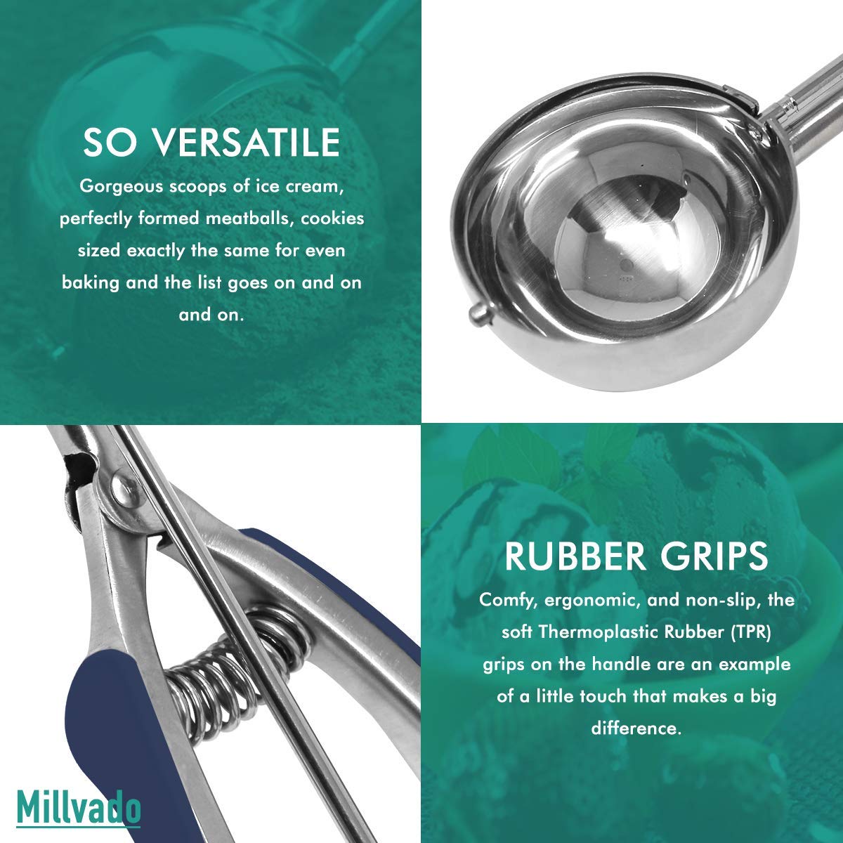 Millvado 3 Pack Stainless Steel Ice Cream And Cookie Scoops | With Blue Rubber Grips - Spring Loaded Lever Design - For Sorbet,