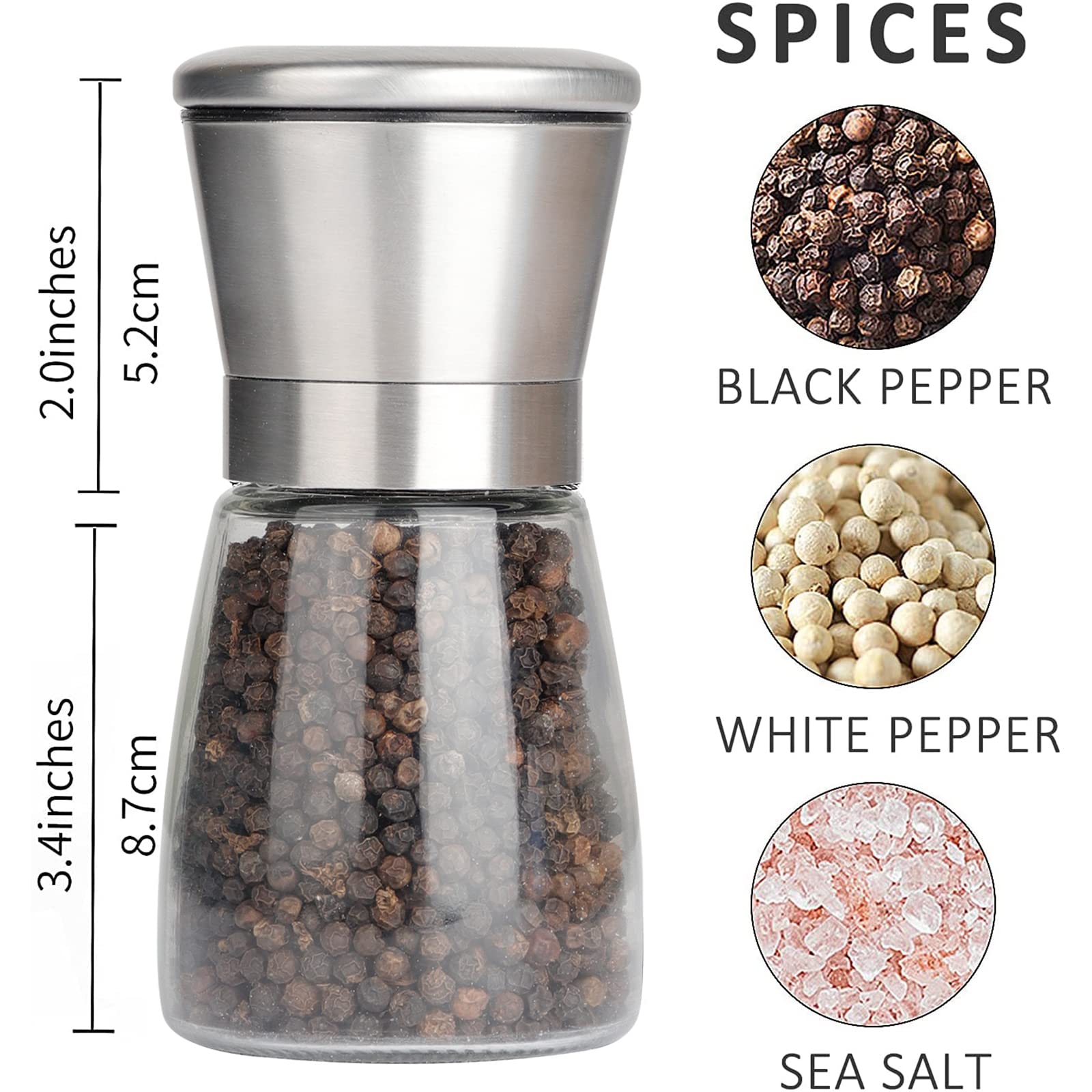 Gulex Pepper Grinder Pepper Mill, Salt Grinder Refillable,(Single Package) Adjustable Coarseness Black Pepper Grinder, Stainless