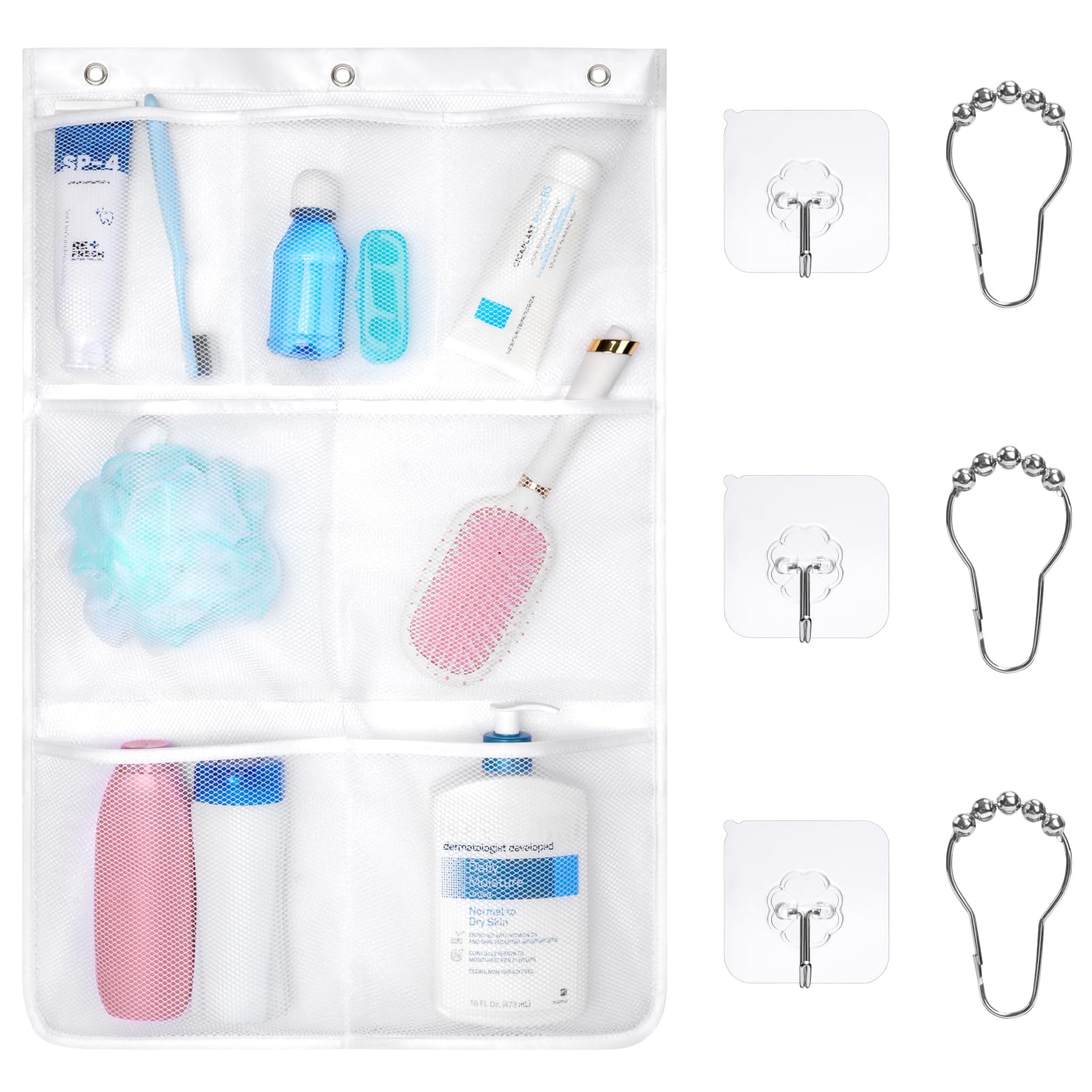 F-Color Shower Organizer For Cruise Ship Essentials - With 3 Adhesive Hooks And 3 Metal Loop Hangers, Quick Dry Mesh Shower Cadd