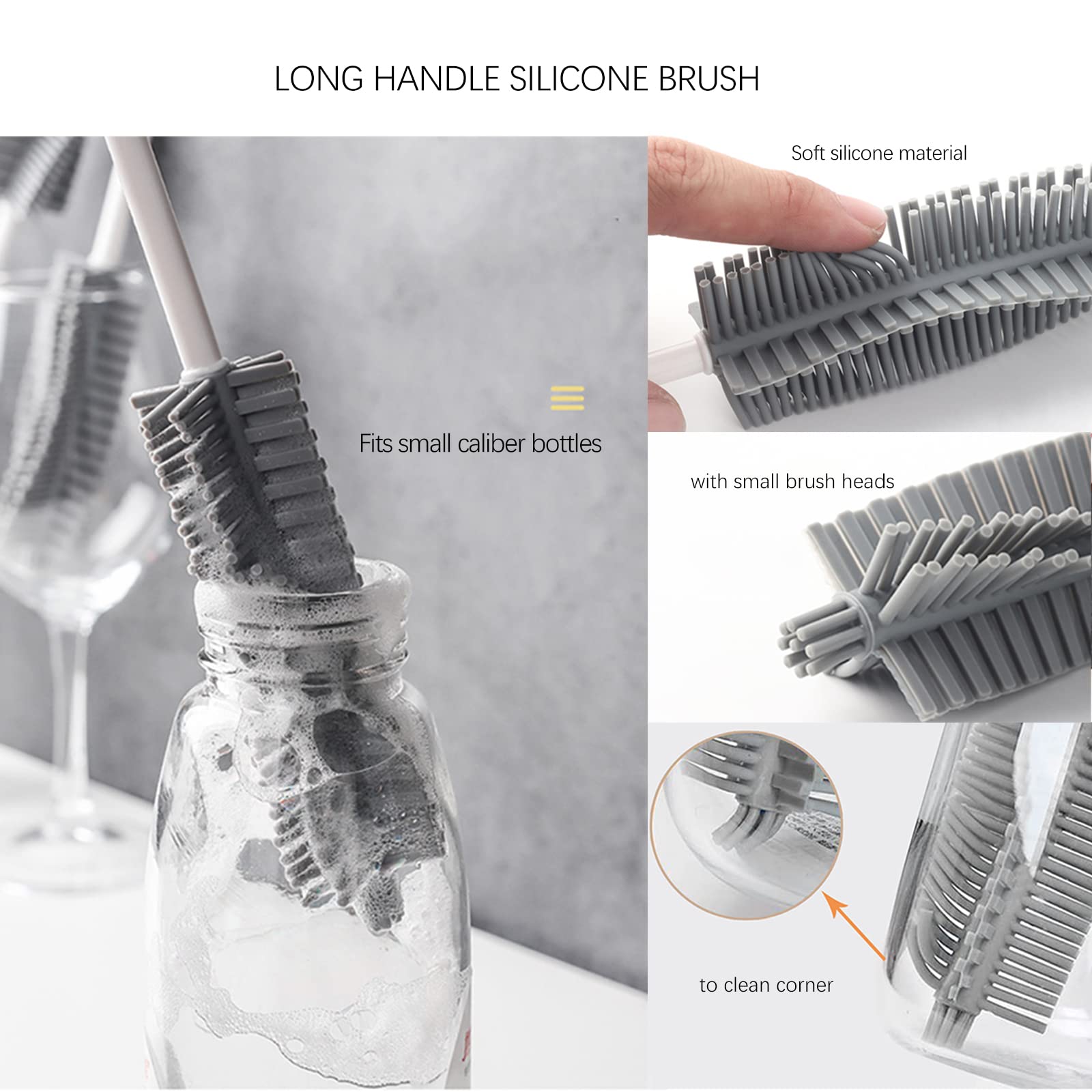 Water Bottle Cleaner Brush Set, Meritpick 3 In 1 Multipurpose Bottle Gap Cleaner Brush & Long Handle Silicone Bottle Brush & Str