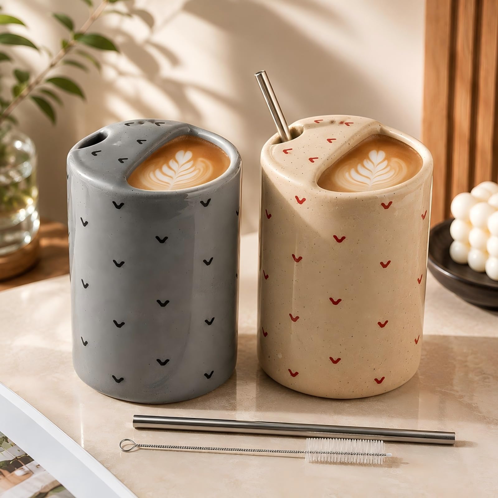 2 Pack 15 oz Ceramic Coffee Mugs with Sip Hole, Heart Speckled Design