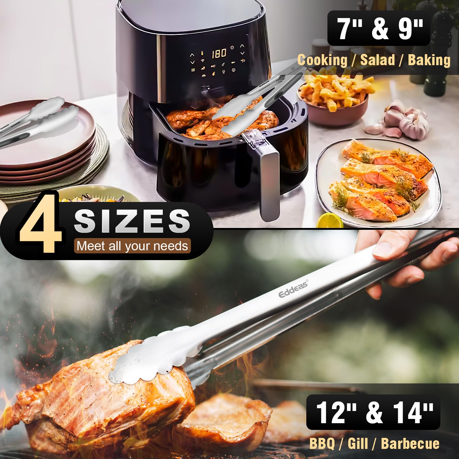 Eddeas Tongs For Cooking - Heat Resistant 600 Degrees Metal Kitchen Tongs, Heavy Duty Stainless Steel Tongs - Perfect For Food,