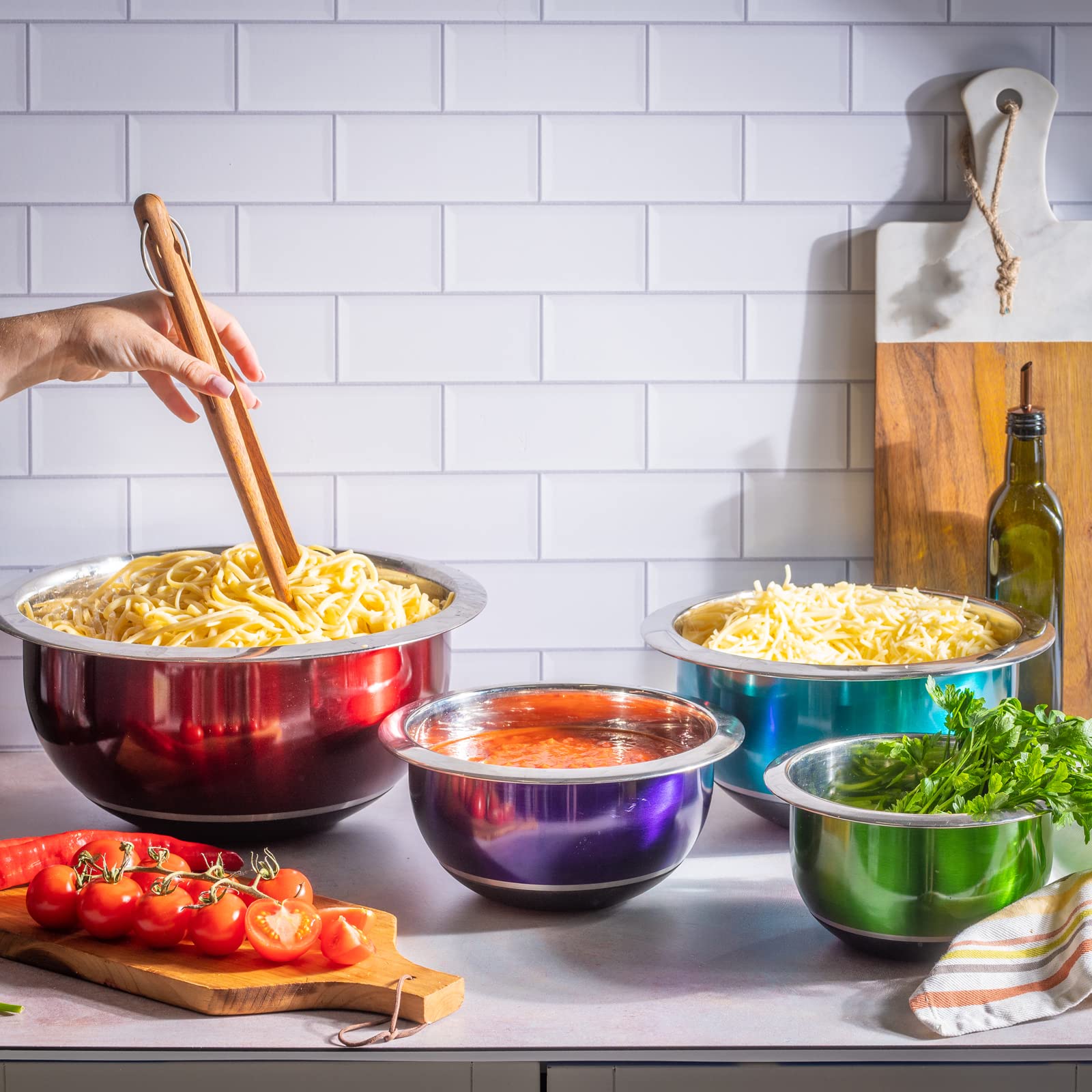 Colleta Home Colorful Mixing Bowl- 4 Pc Set- Stackable Nesting Bowls- Stainless Steel Mixing Bowls Non Slip Silicone Bottom- Coo