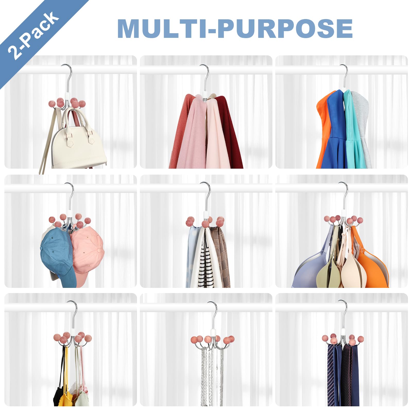 Topia Hanger Hoodie Hangers 2-Pack With 6 Cedar Balls, 360Swivel Purse Hanger, Scarf Hanger, Closet Hooks, Handbag Organizer, Br