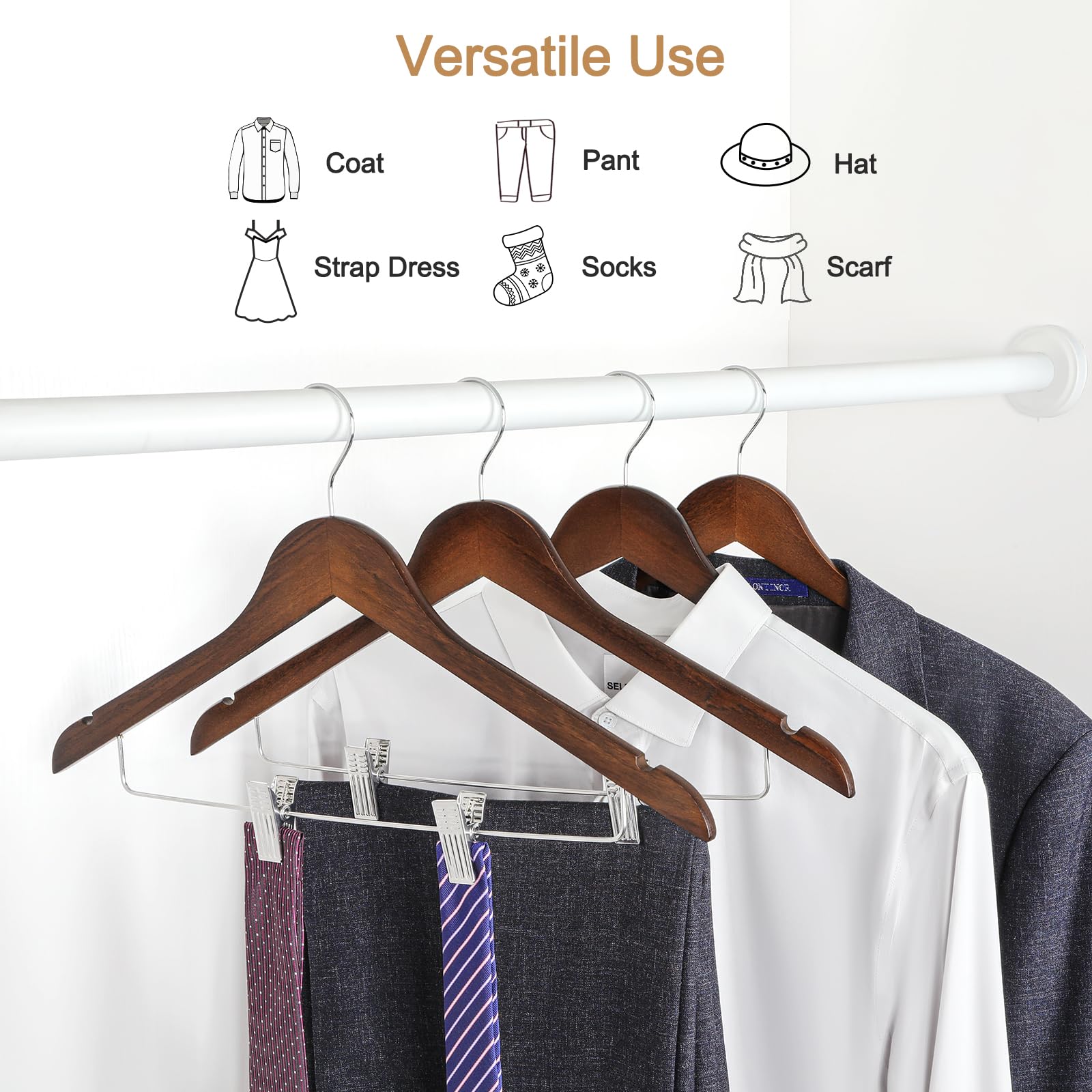 TOPIA HANGER Wooden Suit Hangers with Adjustable Metal Clips (20 Pack)  Solid Wood Clothes Hangers  360? Swivel Hook  Premium Retro Finish Pants Hangers for Clothes Coat  Jeans  Blouse-CT28A20