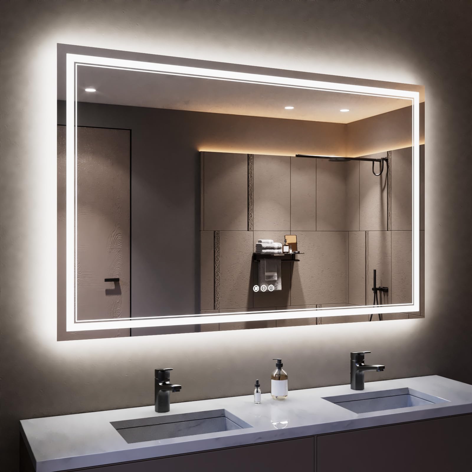 Istripmf 55 X 36 Inch Led Bathroom Mirror With Lights, Backlit And Front Lighted Bathroom Mirrors For Wall, Anti-Fog Dimmable Me