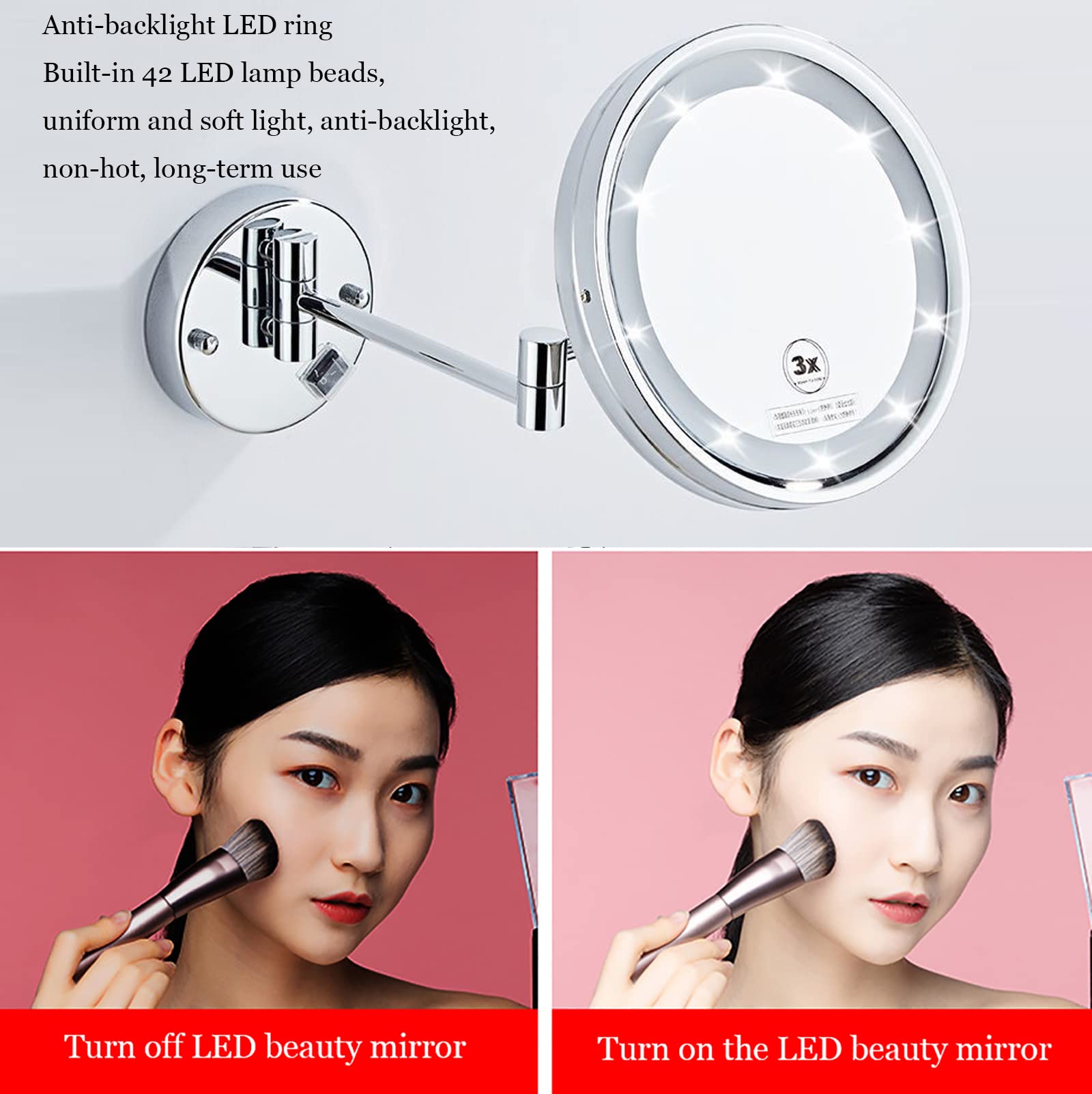 JMFHCD LED Makeup Mirror with Lights and 10x Magnification Vanity Mirror Wall Mounted Round Double Sided Vanity Magnifying with
