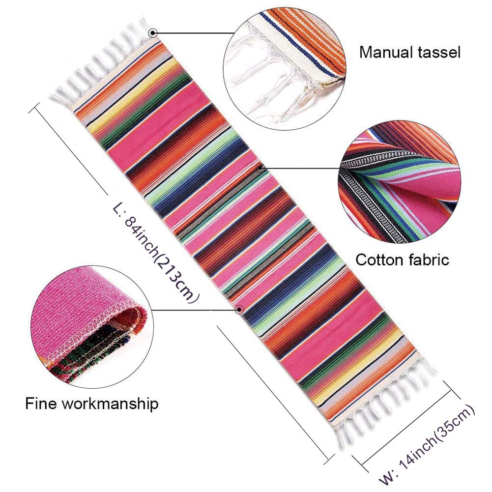 Fowecelt Mexican Serape Table Runner 14 X 84 Inch For Mexican Party Wedding Decorations Outdoor Picnics Dining Table, Fringe Cot