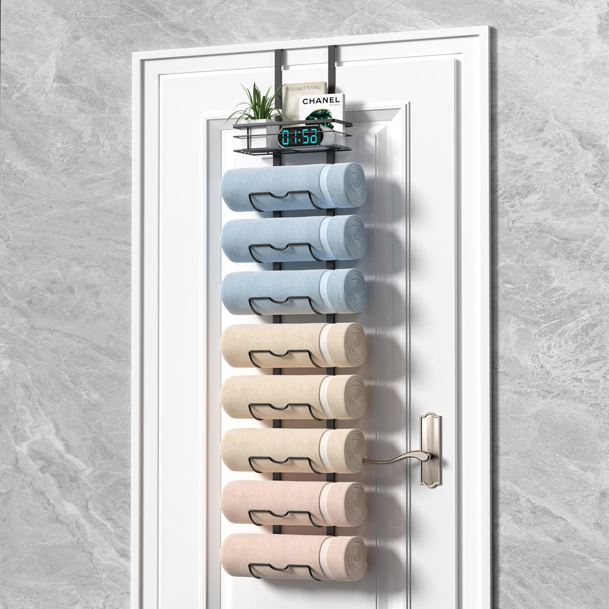 Xstydes 9-Tier Over The Door Towel Rack,Towel Racks For Bathroom, Metal Towel Holder With Storage Basket,Towel Storage For Small