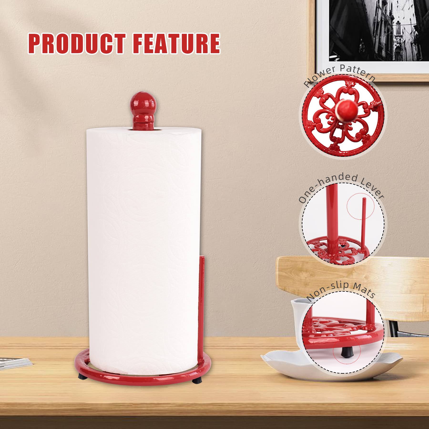 Minluful Vintage Red Cast Iron Paper Towel Holder - Weighted Base, One-Handed Tear For Kitchen Countertops