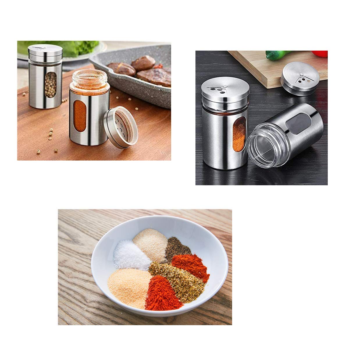 Tsyware Set Of 4 Salt And Pepper Shakers Stainless Steel Glass With Lids 3 Ounces For Storing Salt And Pepper, Spices And Season