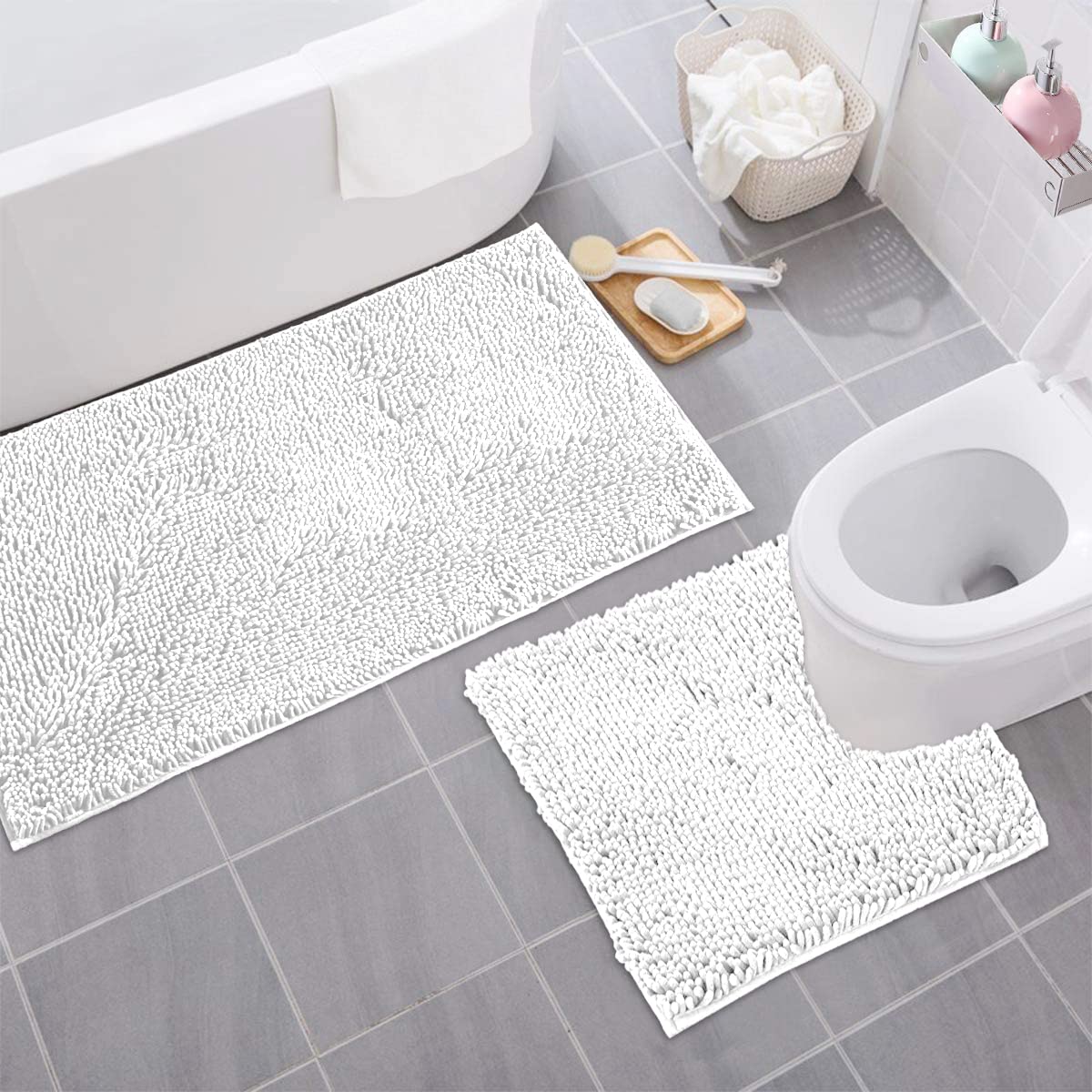 Luxurious 2-Piece Bathroom Rug Set In White: Chenille Bath Mat + U-Shaped Toilet Mat, Plush Anti-Slip Design, Microfiber Shaggy