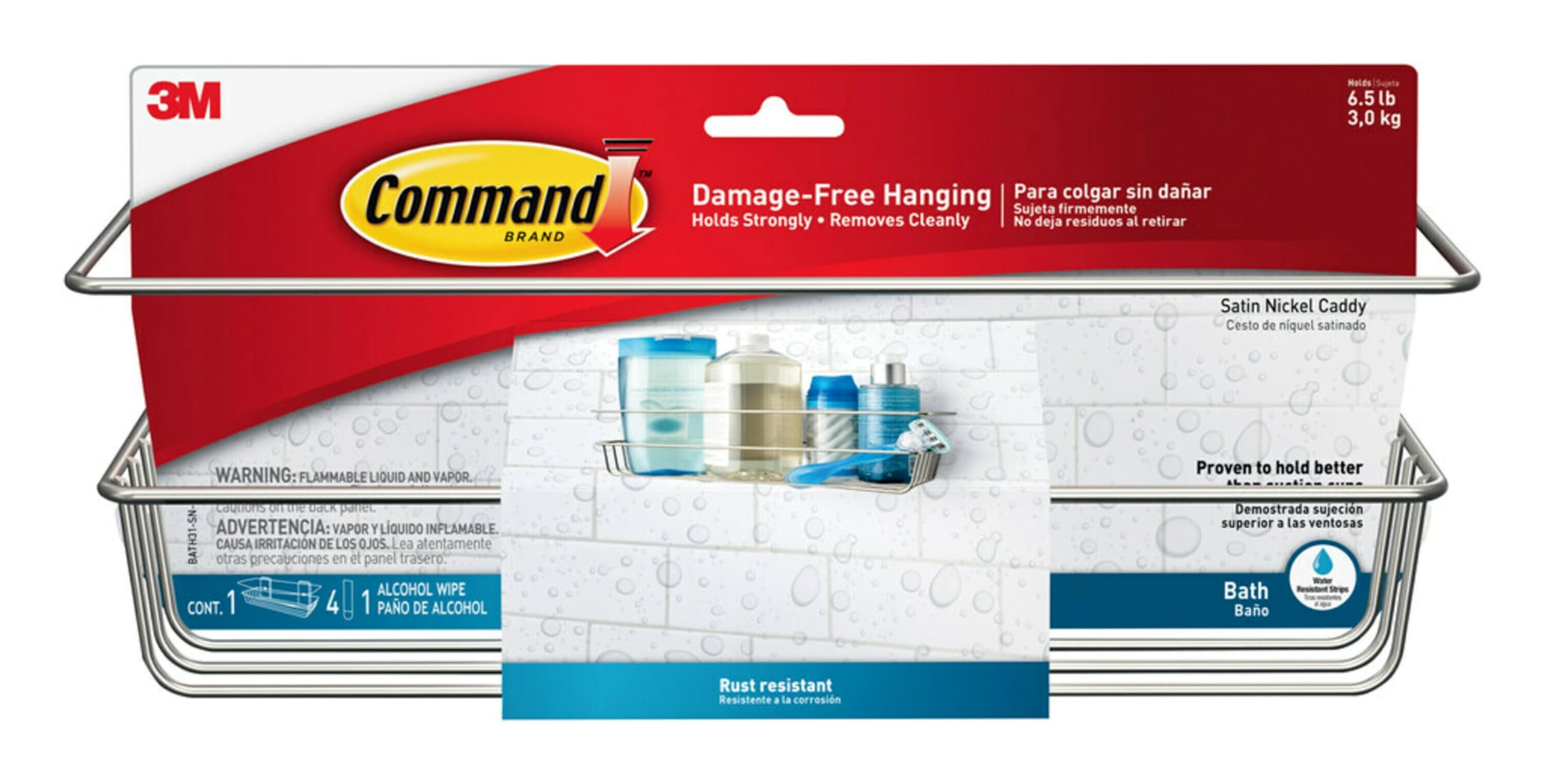 Command Bath31-Sn-Es, Heavy Duty Shower, Satin Nickel, 1-Caddy, 1-Prep Wipe, 4-Water-Resistant Strips, Organize Damage-Free, 0