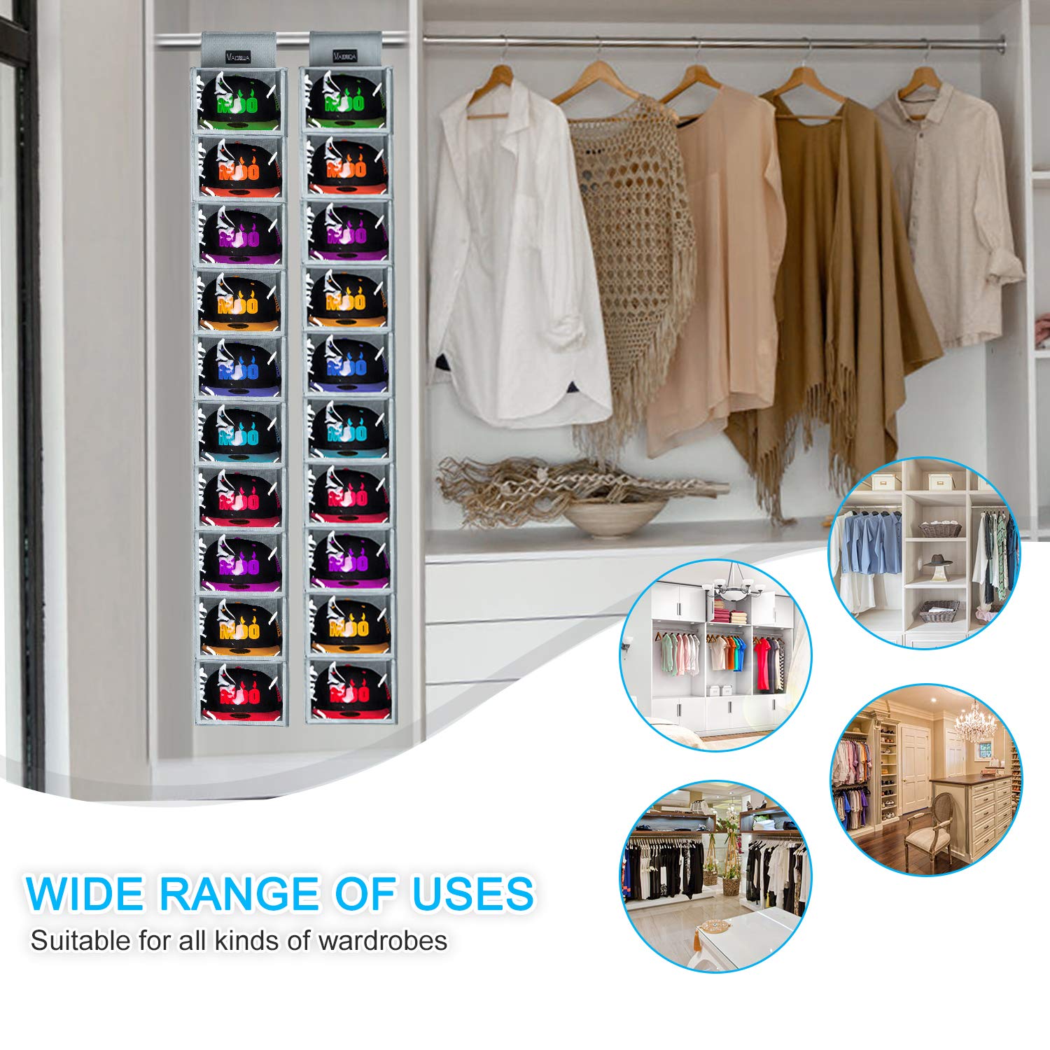 VAESIDA Hat Rack - 10 Shelf Upgraded Version Hat Organizer for Closet with Dust Shield & Side Mesh Storage Pockets - Hat Holder & Hat Racks for Baseball Caps