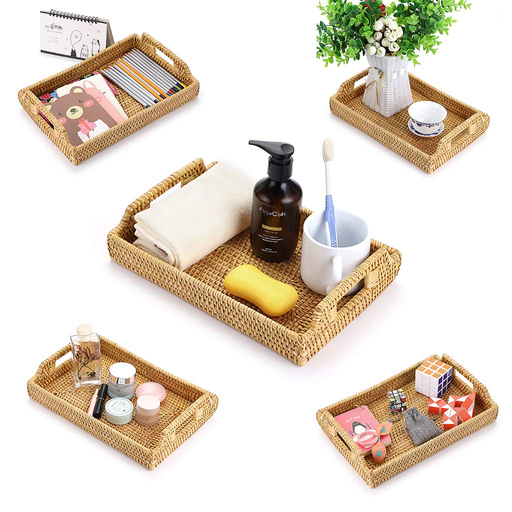Hipiwe Rattan Serving Tray With Handles - Hand-Woven Decorative Tray For Storage Breakfast, Drinks, Snack,Rectangular Basket Org