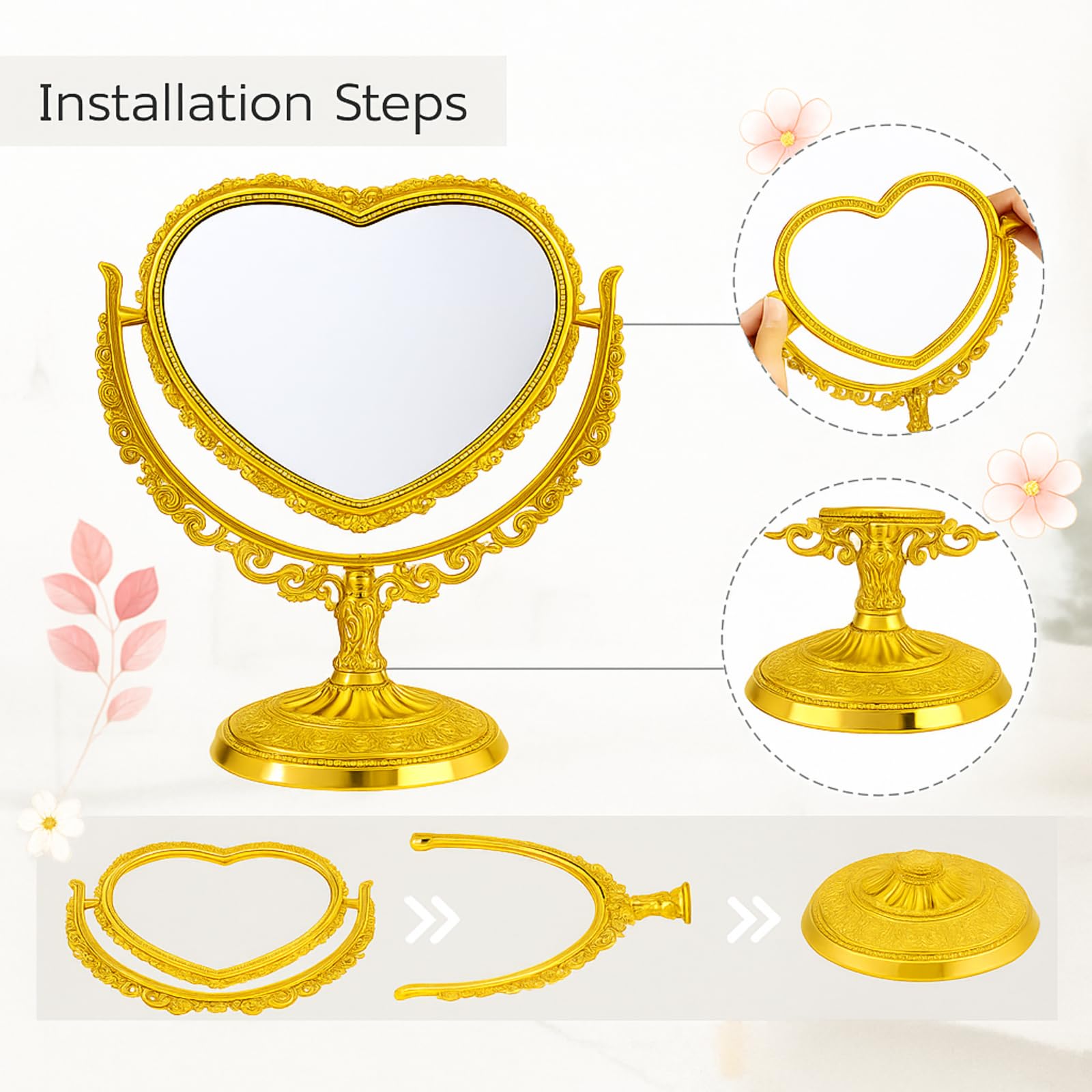 Jetec Heart Shaped Mirror Desktop Makeup Retro 360 Degree Rotation Sta ...