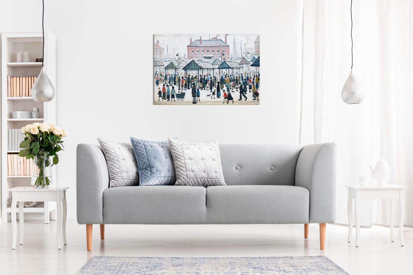 Panther Print L.S Lowry Market Scene Canvas Art - 36x24in Wall Decor, Northern Town Design