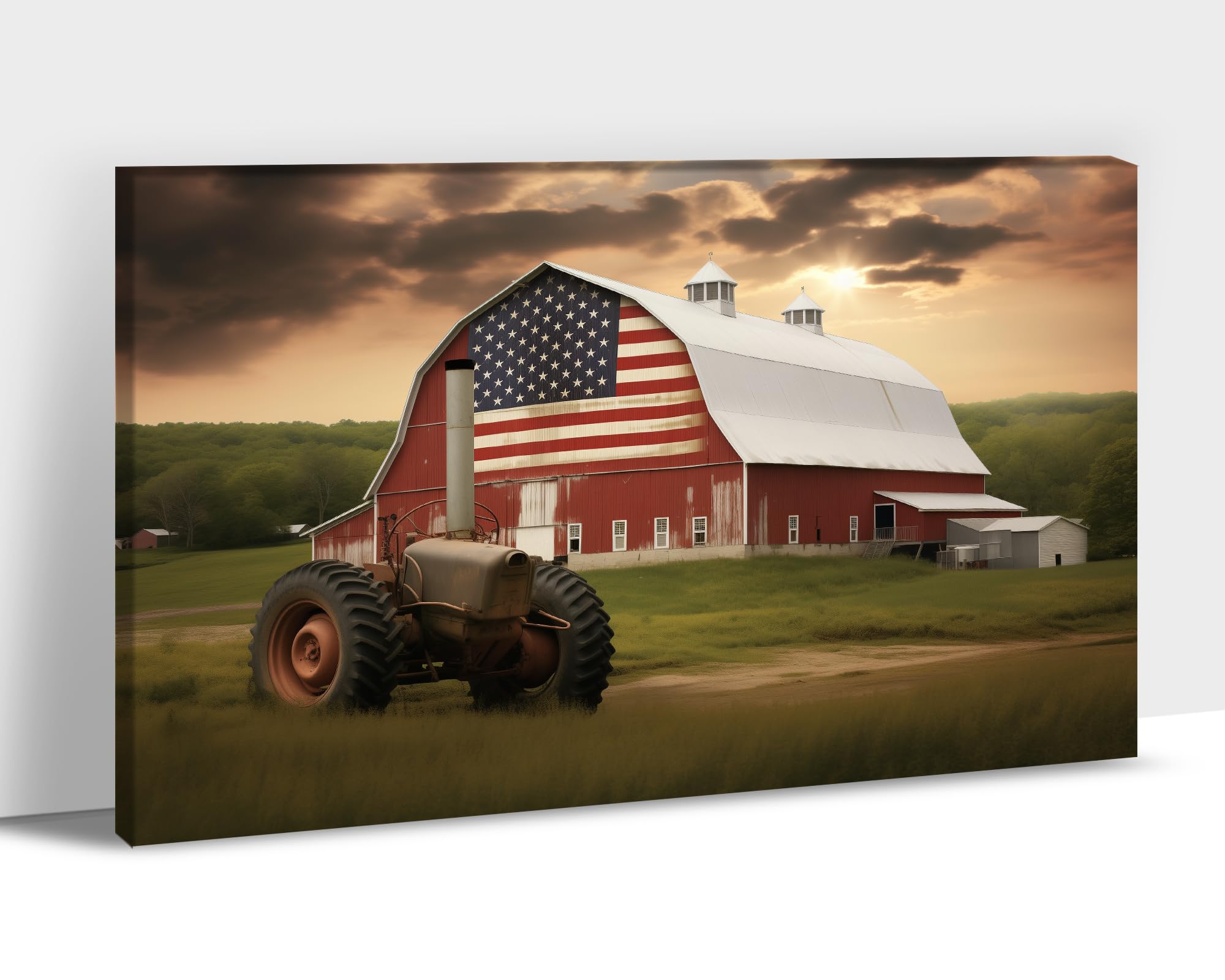 Farmhouse Truck Canvas Wall Art, Old Barn With Usa Flag Pictures Wall Art, Country Vintage Pickup Truck Canvas Prints, Retro Tru