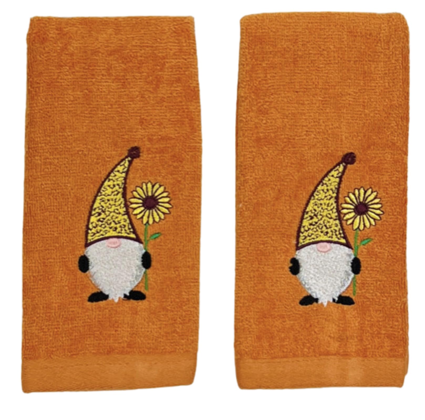 Decorative Fall Harvest Hand Fingertip Towels: Cute Garden Gnome With Sunflower On Plush Soft Cotton Orange, Set Of 2 18'' X 12'