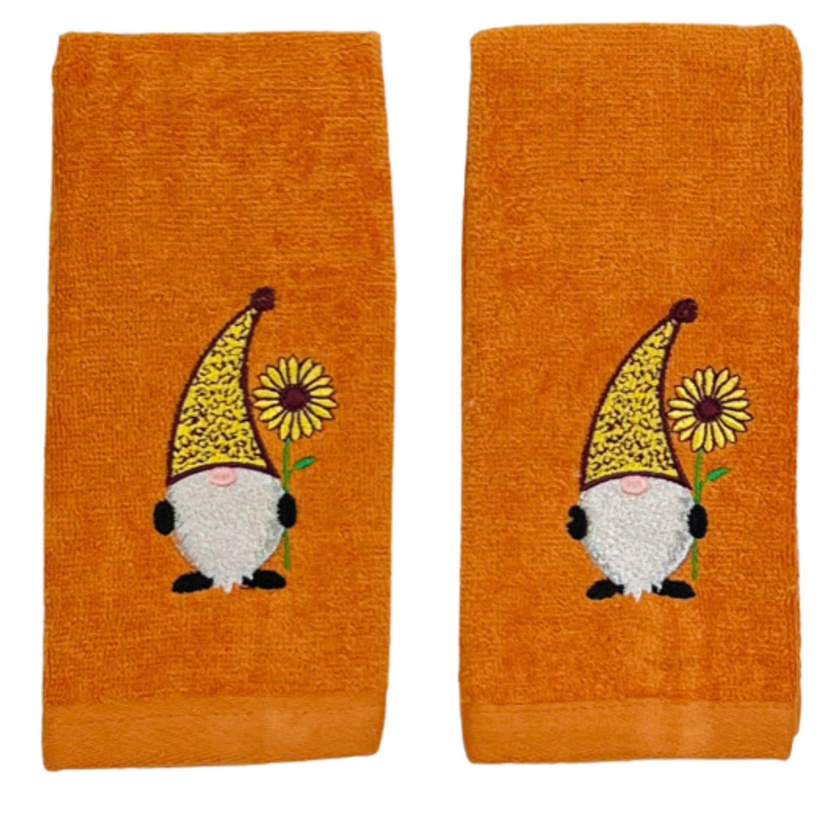 Decorative Fall Harvest Hand Fingertip Towels: Cute Garden Gnome With Sunflower On Plush Soft Cotton Orange, Set Of 2 18'' X 12'