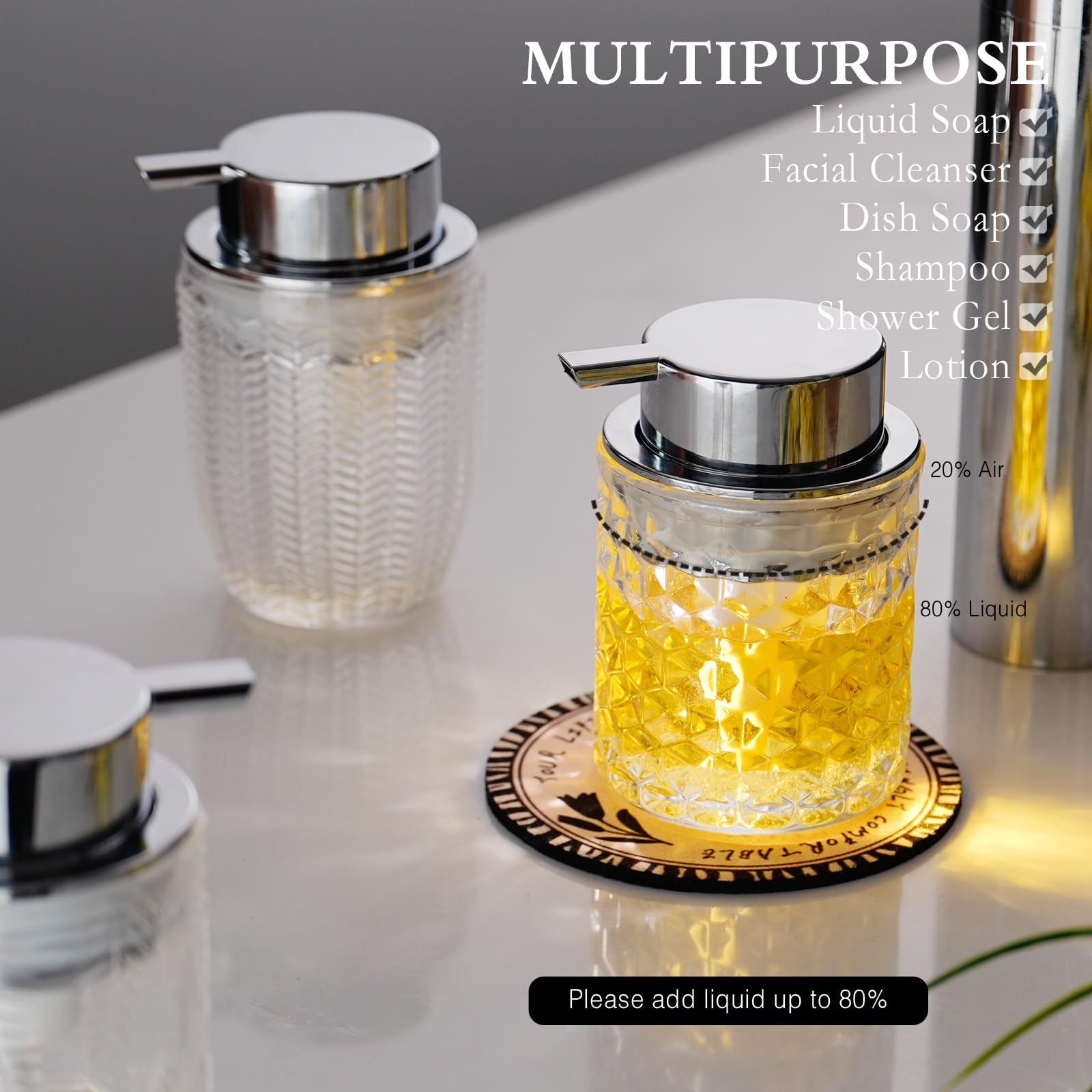 Cicufy Hand Soap Dispenser Glass, Refillable Liquid Dispenser For Bathroom & Kitchen,Lotion Dispenser With Large Silver Pump(Dia