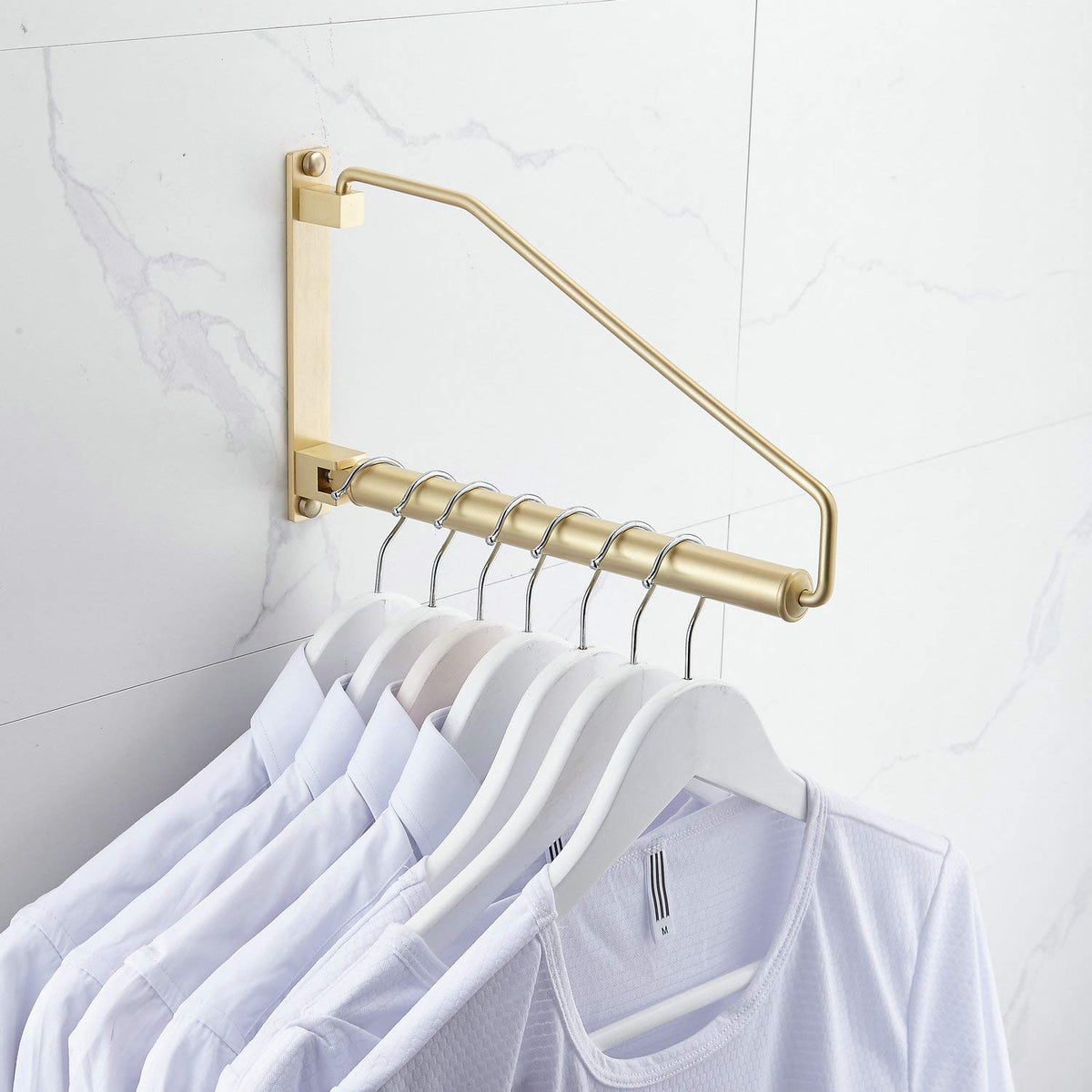 Hiendure Folding Clothes Hanger Gold Brushed Drying Clothes Rack Wall-Mounted Space Saver For Laundry Room Closet, Brass, 12 Inc