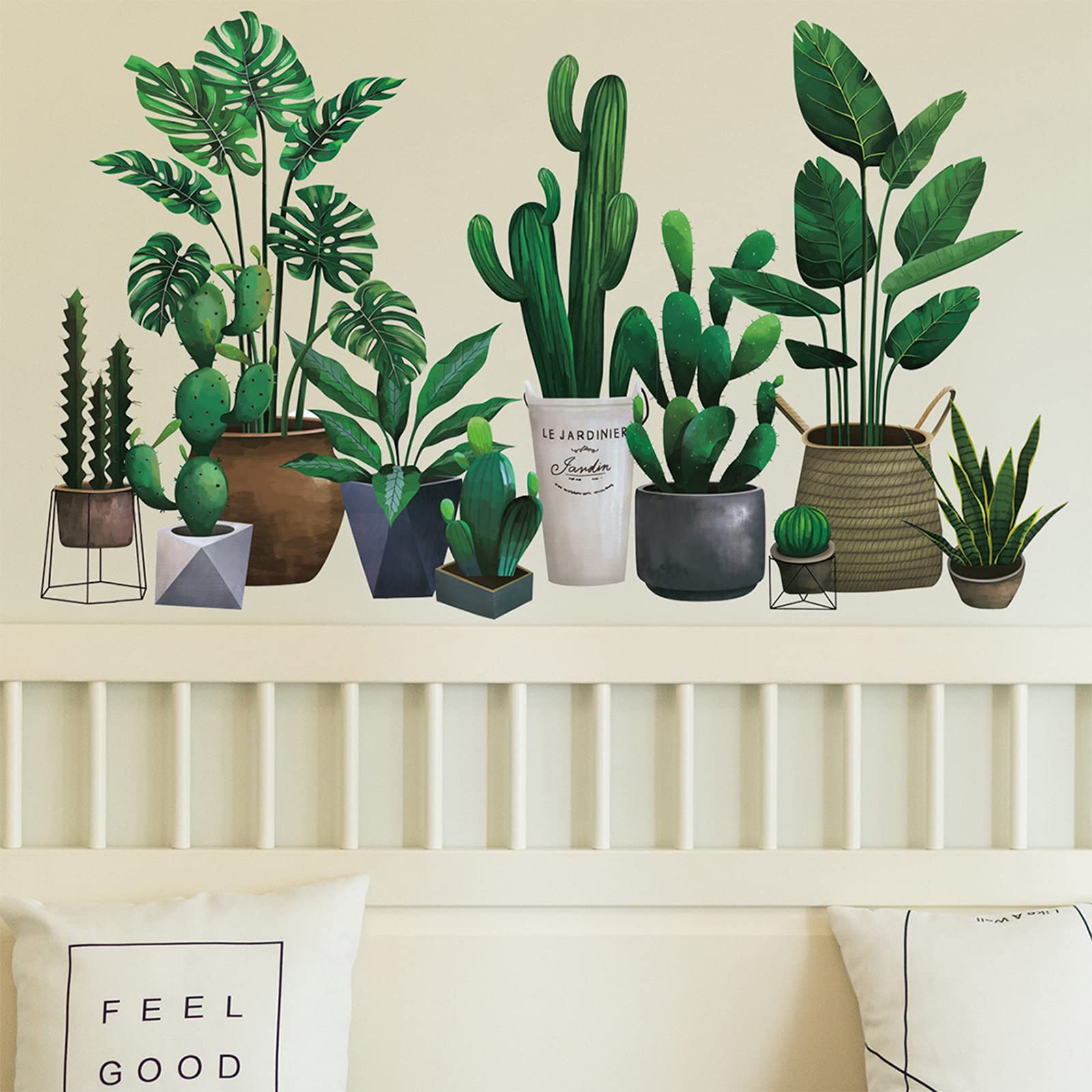 Green Pot Plants Leaves Wall Decals, Monstera Cactus Bonsai Tropical Potted Plants Wall Stickers, Removable Palm Tree Leaf Diy A