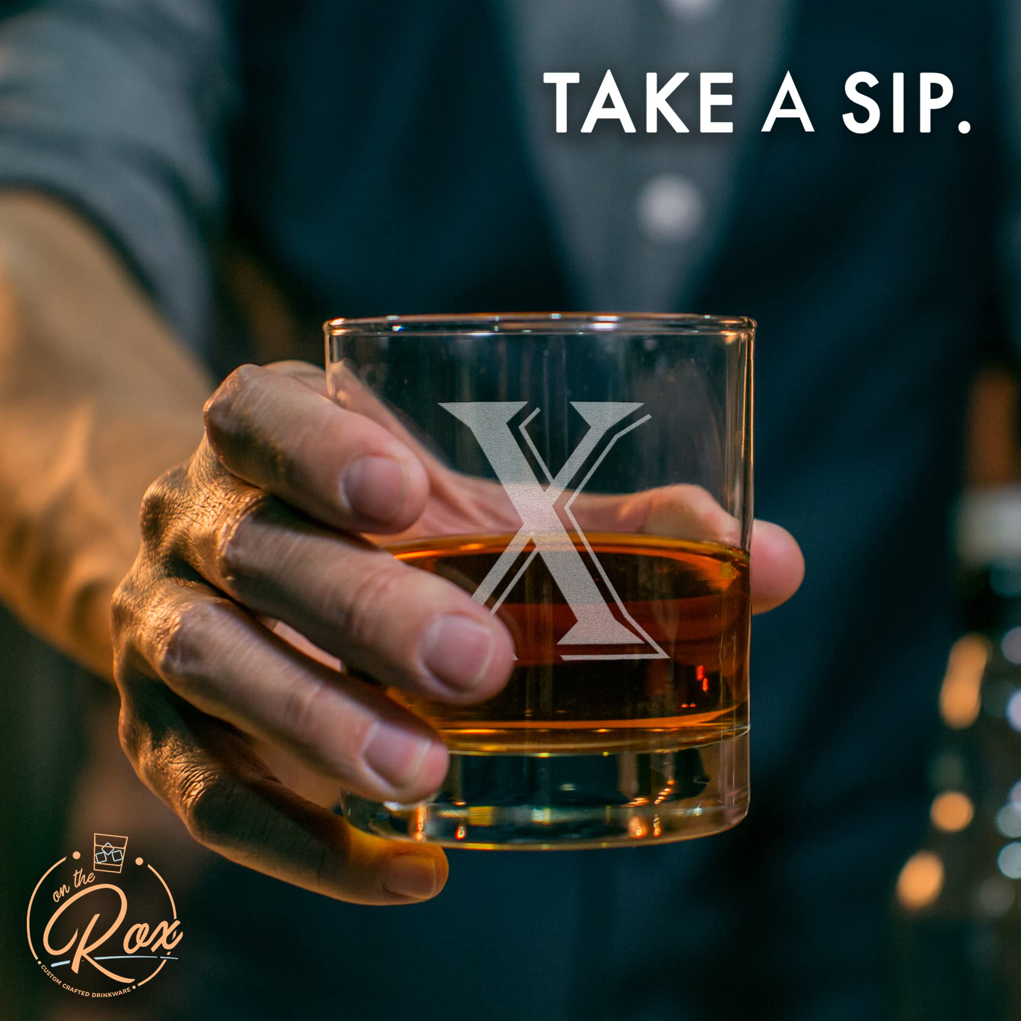 (X-Monogram)- 4 Piece Set Of 11 Ounce Engraved Heavy Base Rocks Glasses- Quality Elegant Glass-Multi-Purpose Beverage-Rocks Glas