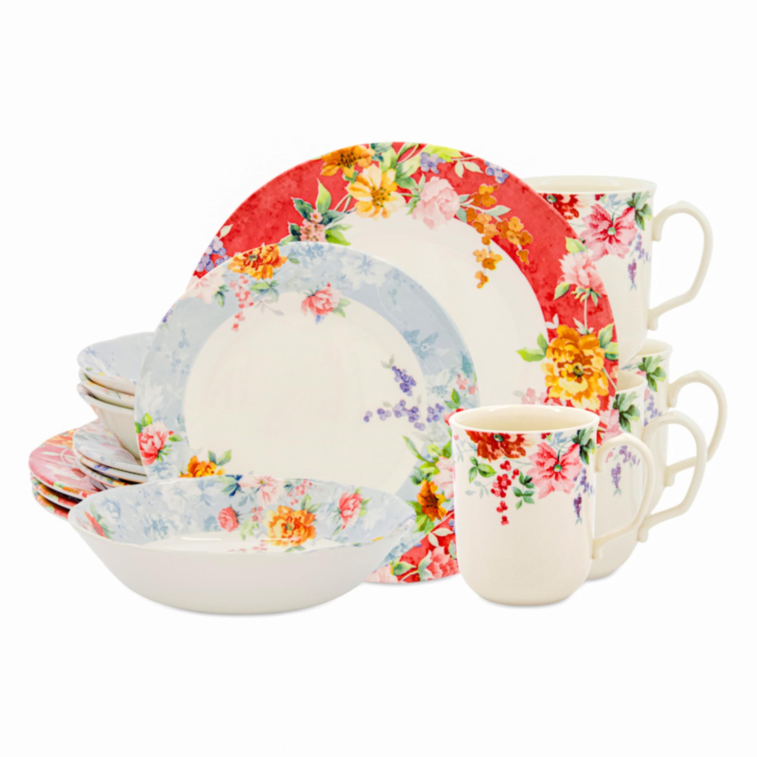 TUDOR ROYAL 16-Piece Round Porcelain Dinnerware Set, Service for 4, CRIMSON Design, Multicolor Floral, Plates Bowls Mugs Dishes,