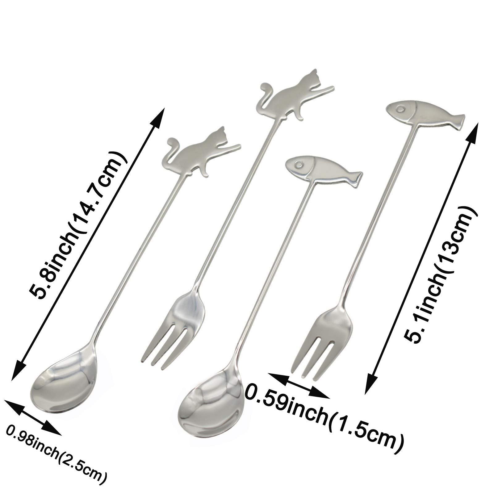 Maydahui 6Pcs Cat Fish Spoon And Fork Cute Coffee Animal Spork 5.8 Inch 18/10(304)Stainless Steel Teaspoon Dessert Drink Sugar S