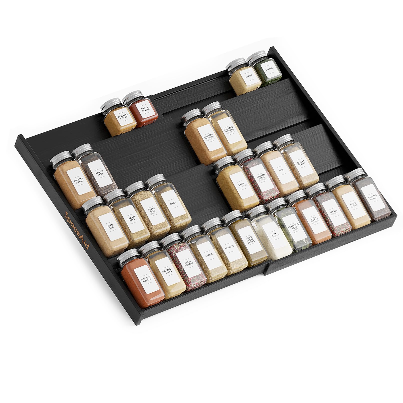 SpaceAid Bamboo Black Spice Drawer Organizer, (Need 3 Deep Drawer) Expandable 4 Tier Spices Rack for Cabinet, Kitchen Seasoning 
